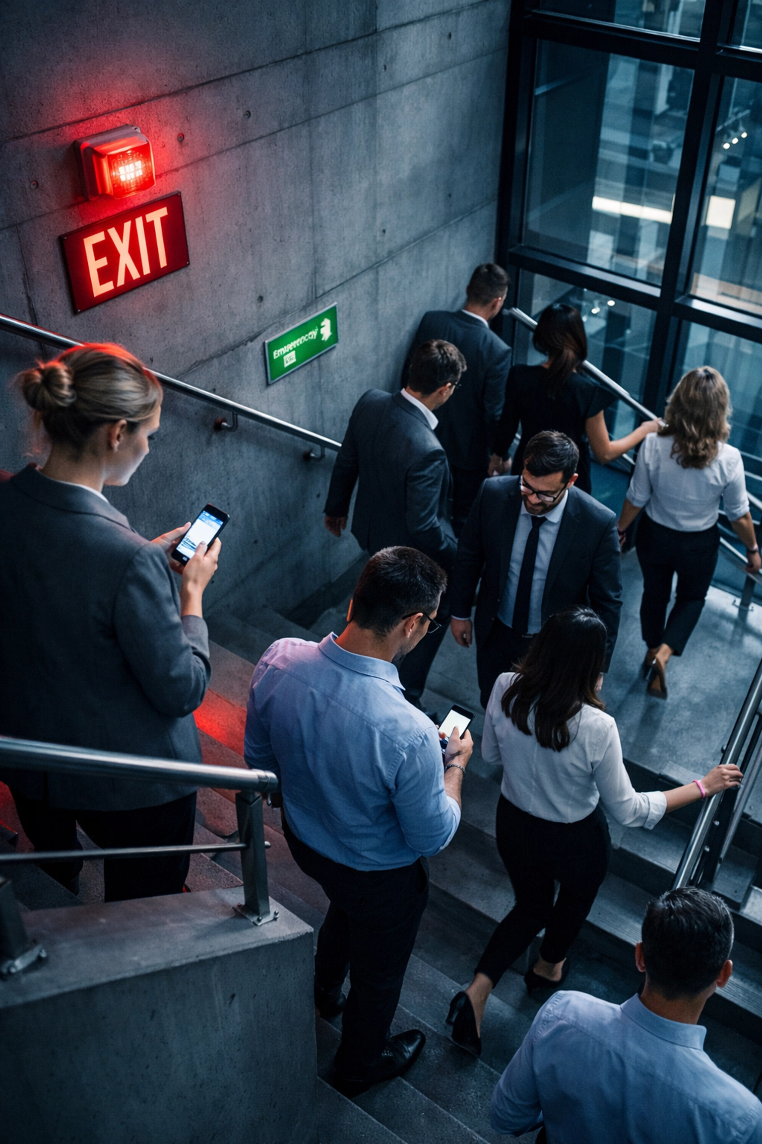 Office workers conducting emergency evacuation drill in modern building stairwell