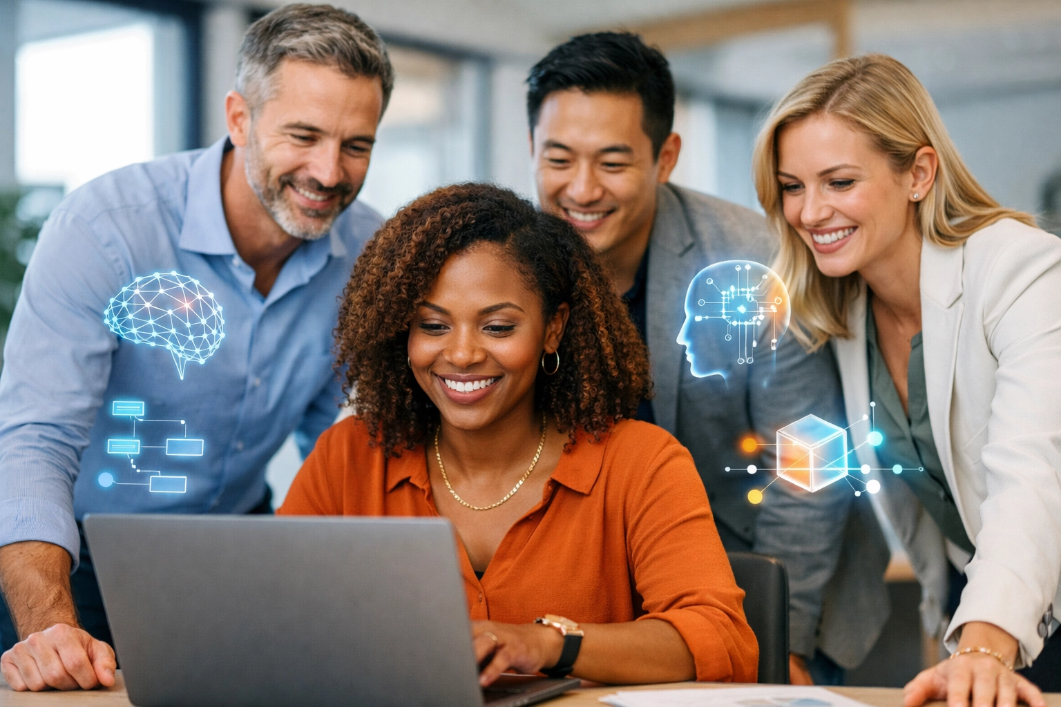 Confident woman with AI certification smiling, representing successful certified AI consultants