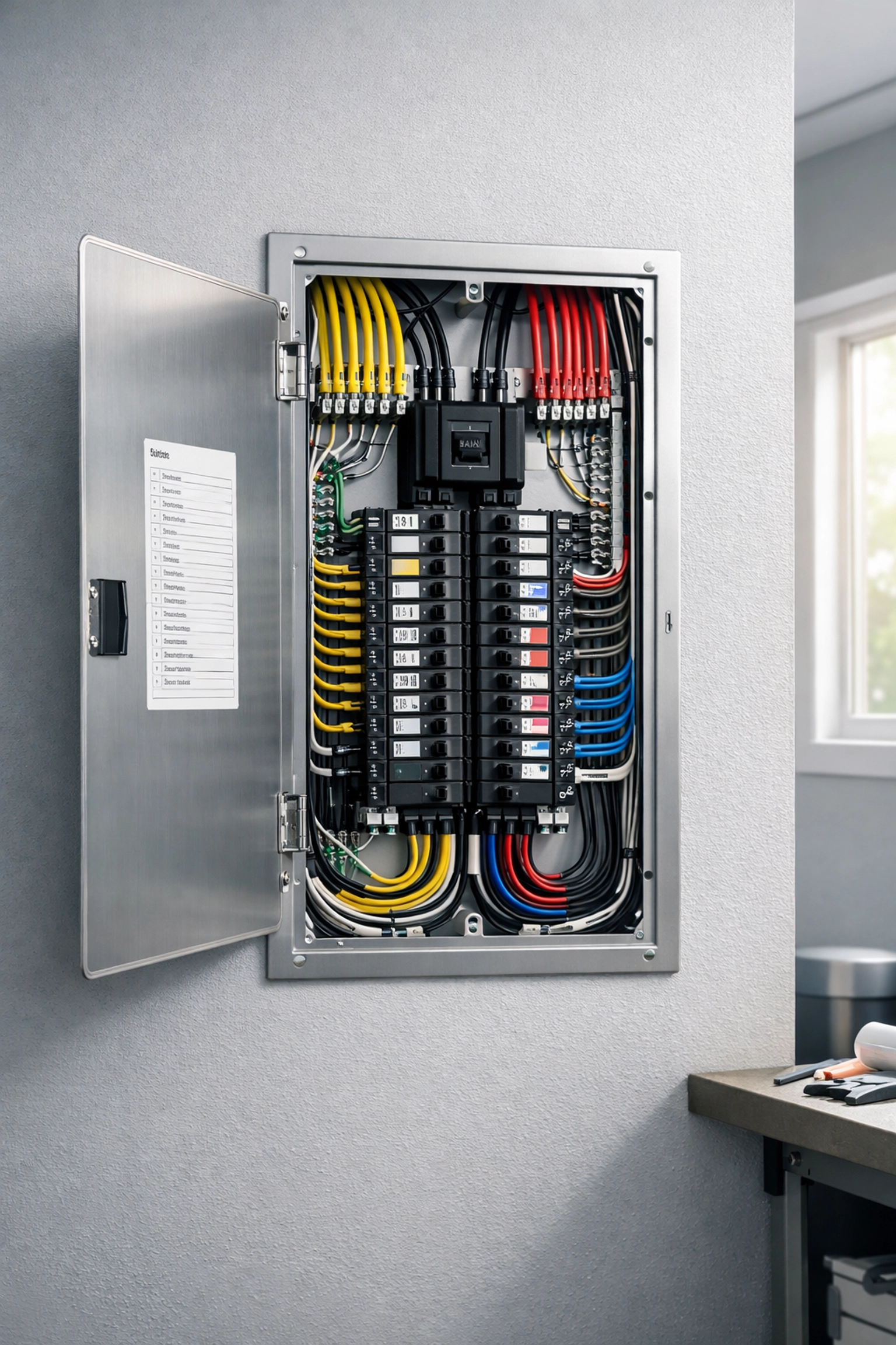 Modern home electrical panel with organized wiring prepared for an EV charger installation.
