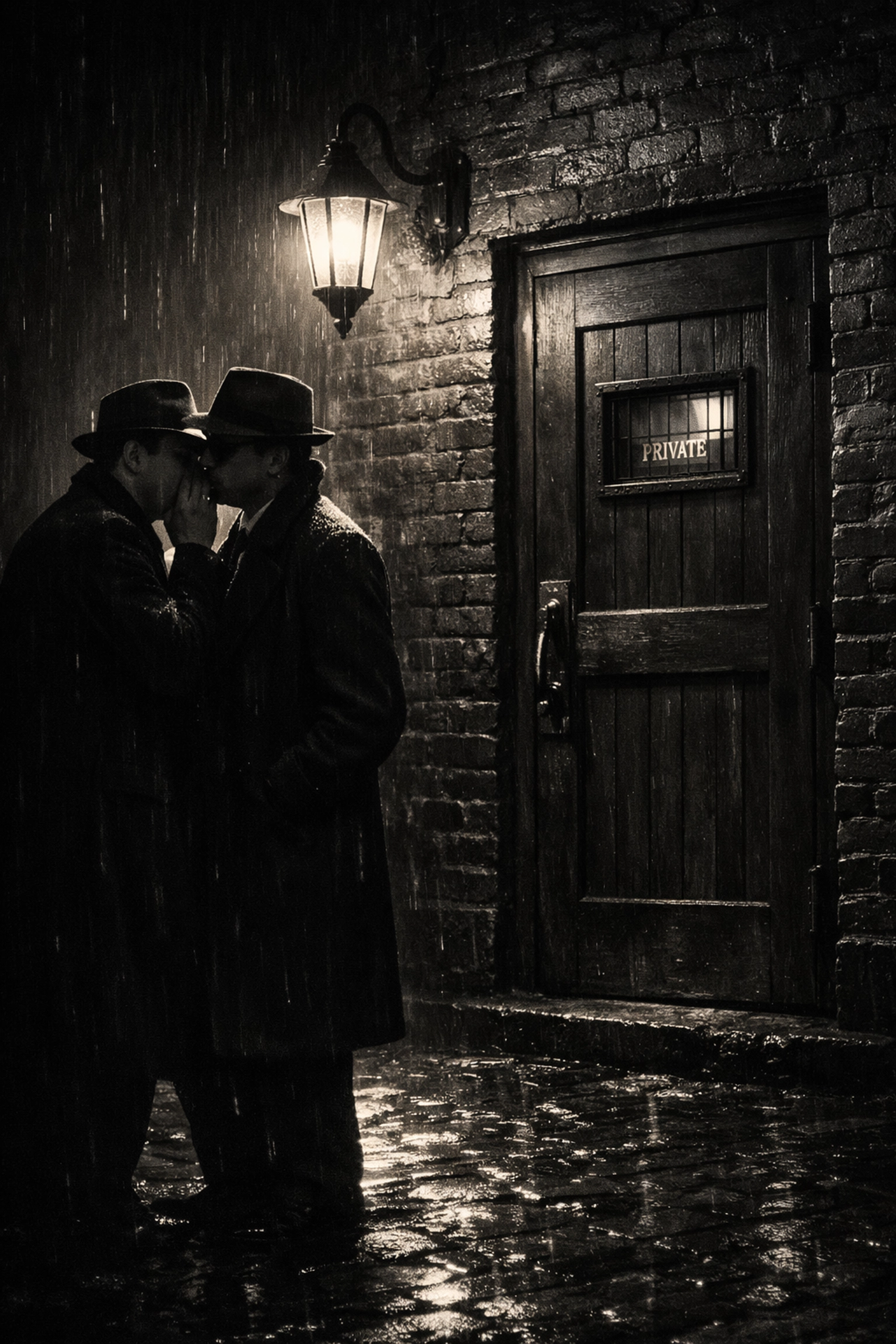 Two men at hidden Chicago speakeasy entrance during Prohibition underground gay scene