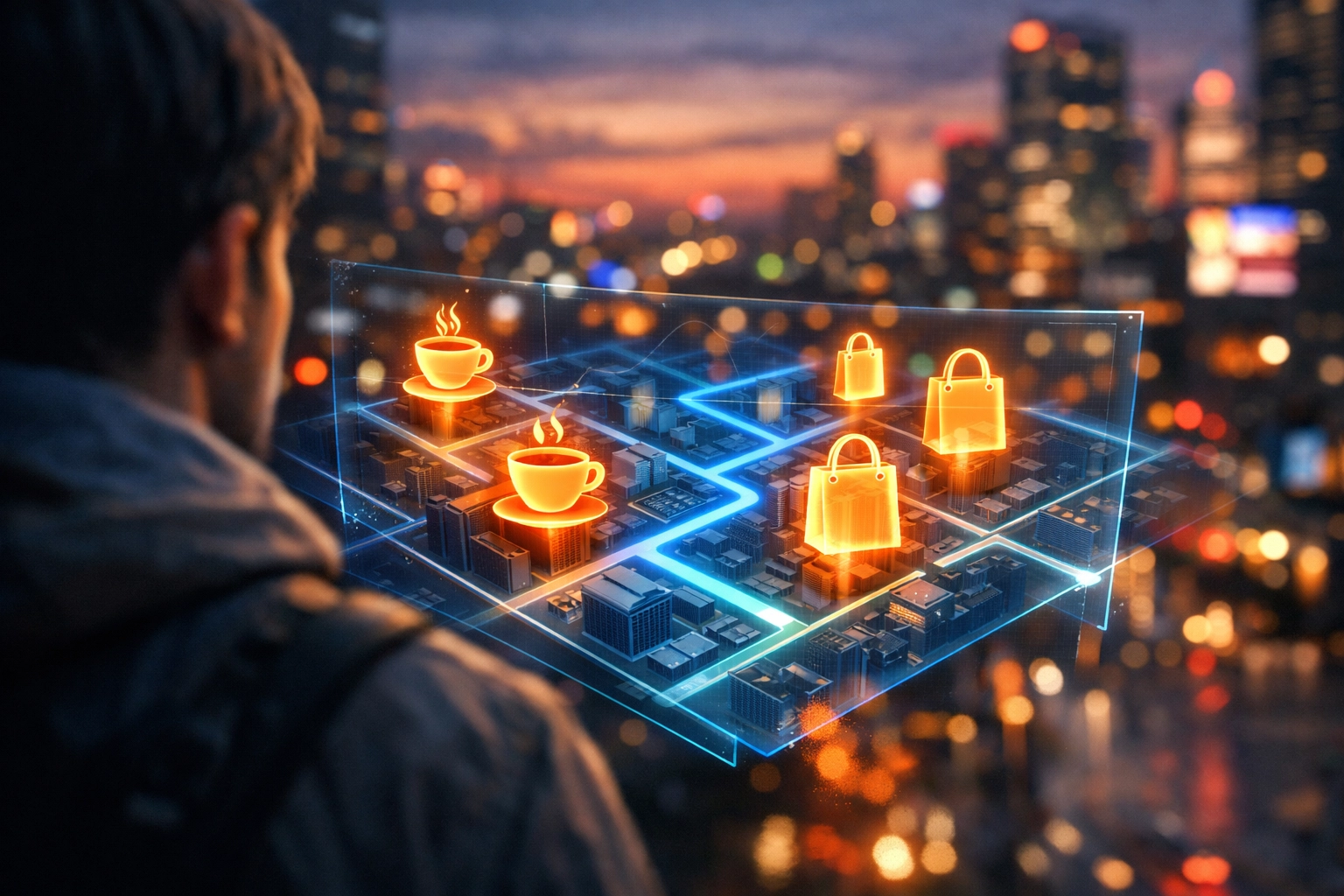 A holographic interface showing how Larecoin helps users discover local merchants accepting crypto payments.