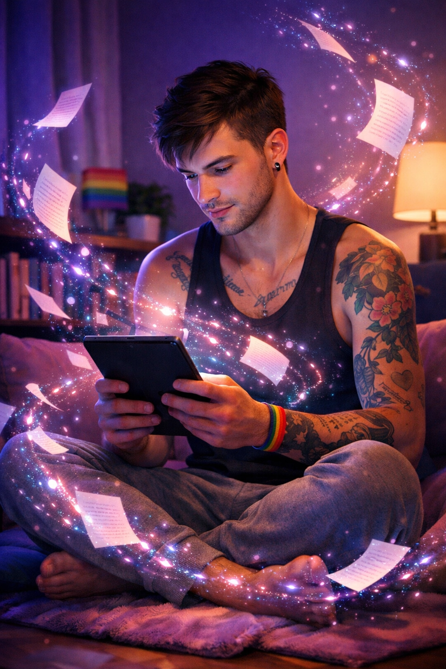 A young man reading on a tablet in a cozy nook, highlighting the emotional impact of MM romance books and queer fiction.
