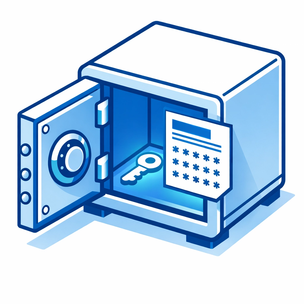 Digital vault with a physical key and recovery document for secure MFA backup and account access.