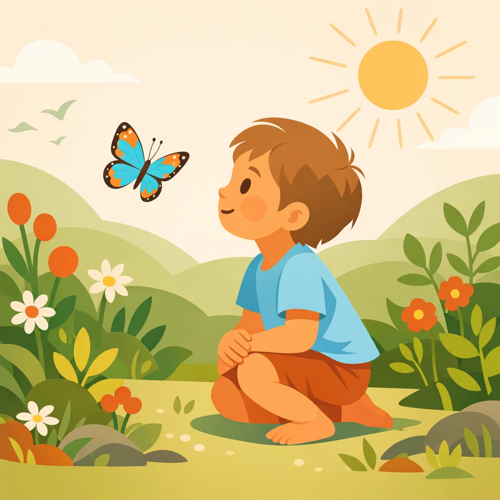 Child admiring a butterfly in a garden, illustrating compassionate behavior therapy and a child's unique potential.