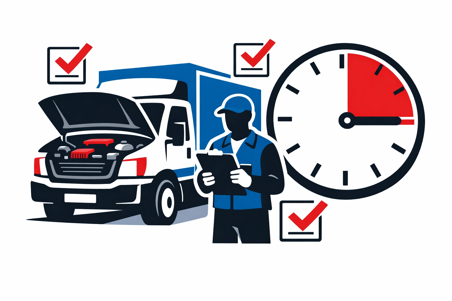 HGV driver conducting mandatory 15-minute daily vehicle check with clipboard before departure