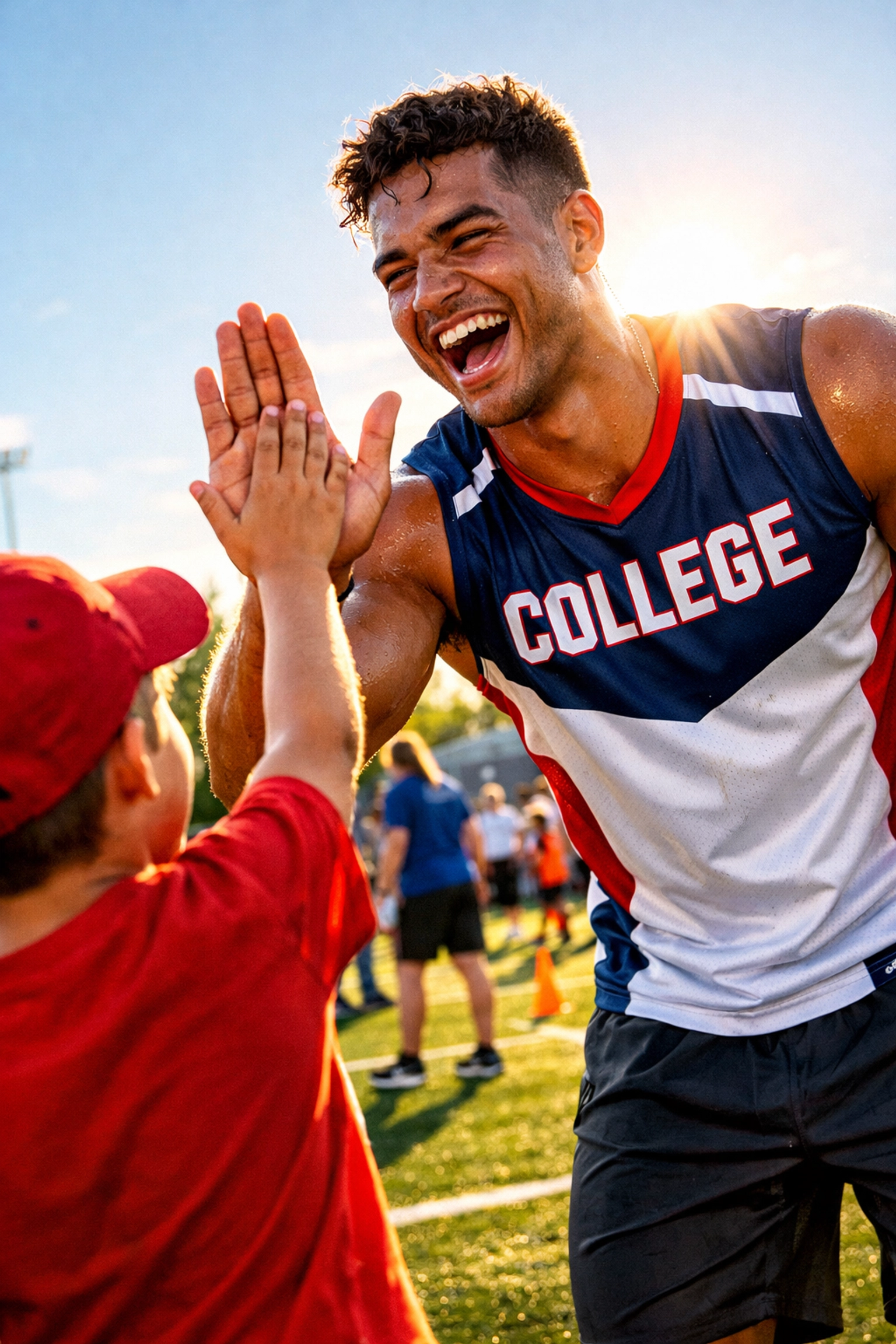 A collegiate NIL athlete high-fives a young fan, representing an authentic sports brand partnership.