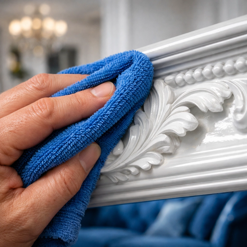 Professional detailing of hand-carved crown molding during a Luxury House Cleaning in Newton service.