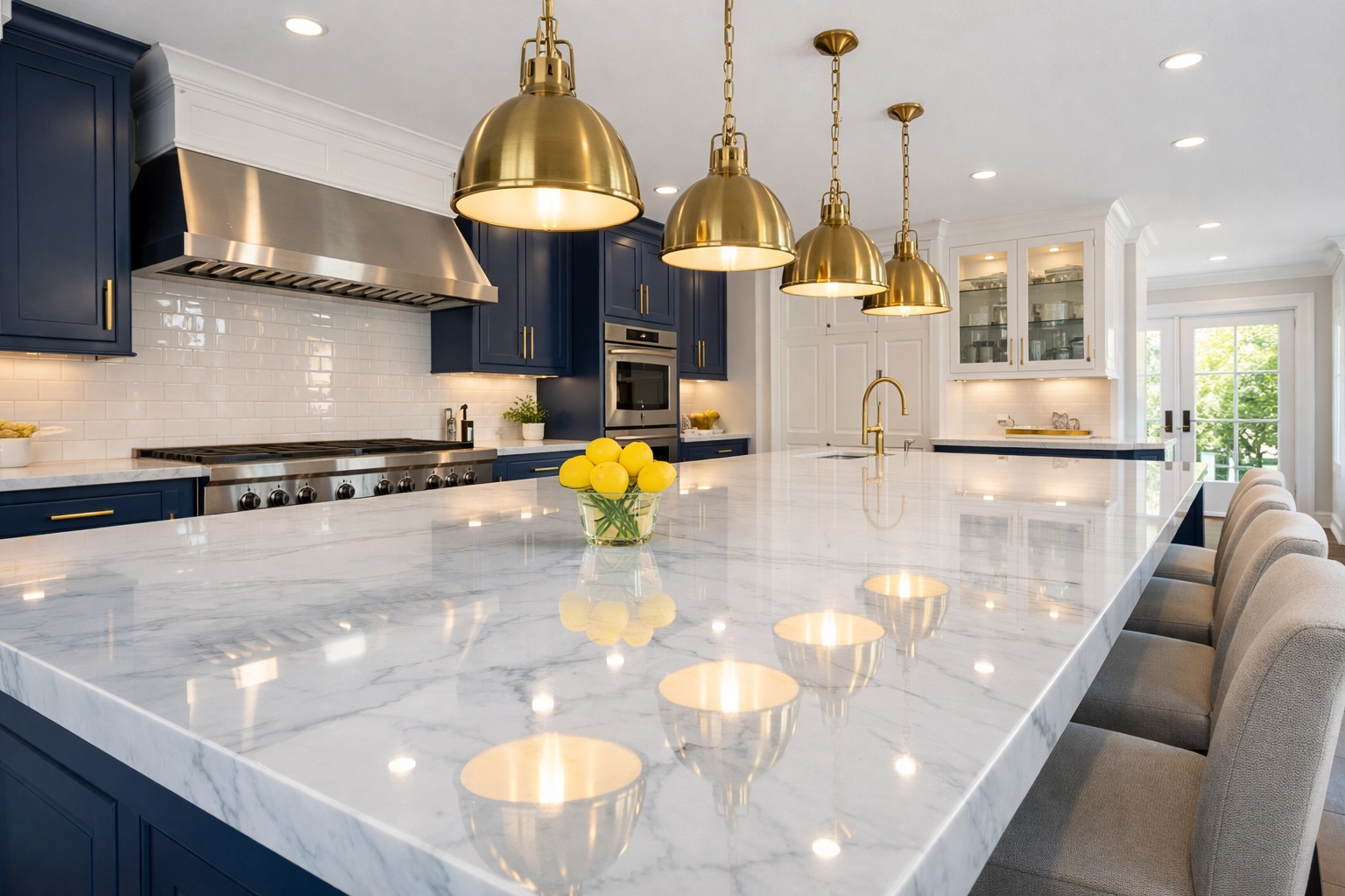 Spotless high-end kitchen with a marble island cleaned by a luxury house cleaning service in Westborough.