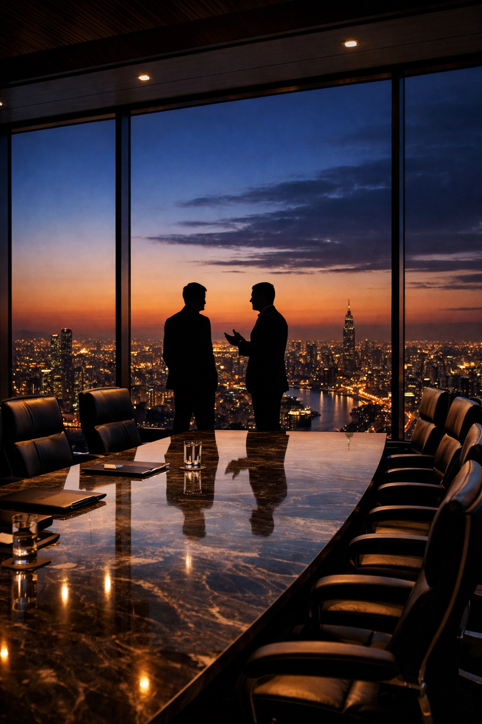Business professionals in a luxury boardroom overlooking a city skyline representing Dakdan’s global media reach.