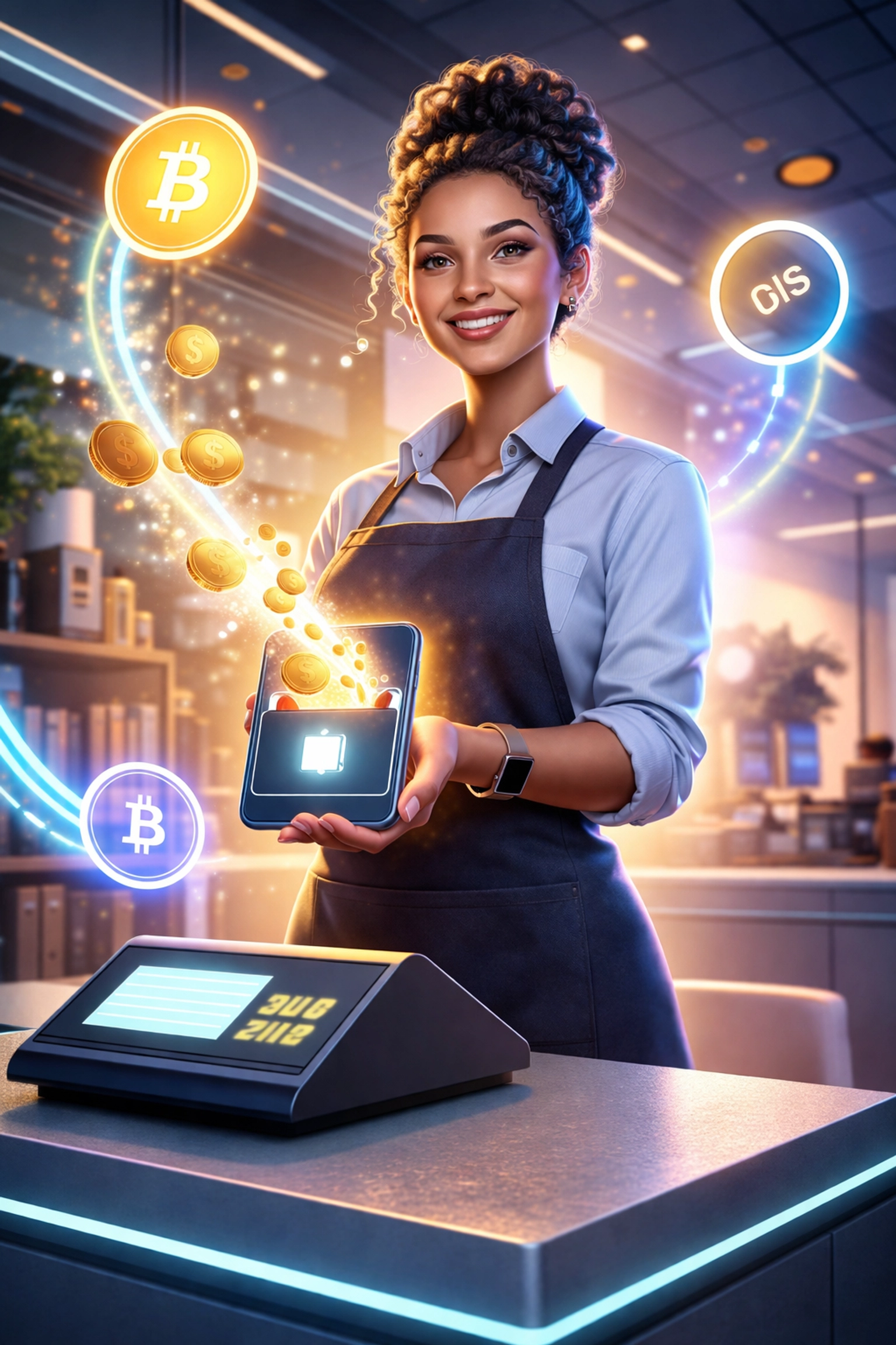 Small business owner accepting crypto payments at a POS terminal with digital coins flowing to their wallet instantly, highlighting fee savings with Larecoin.
