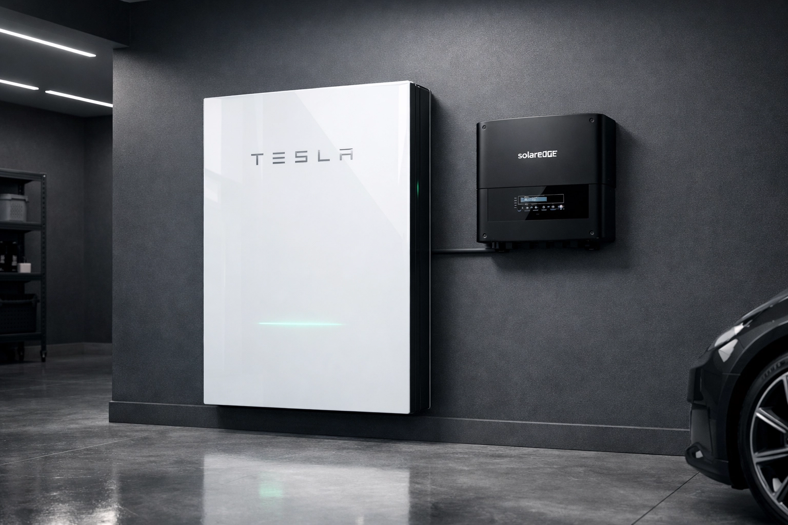 Tesla Powerwall 3 and SolarEdge inverter installed in a clean, modern UK home garage.