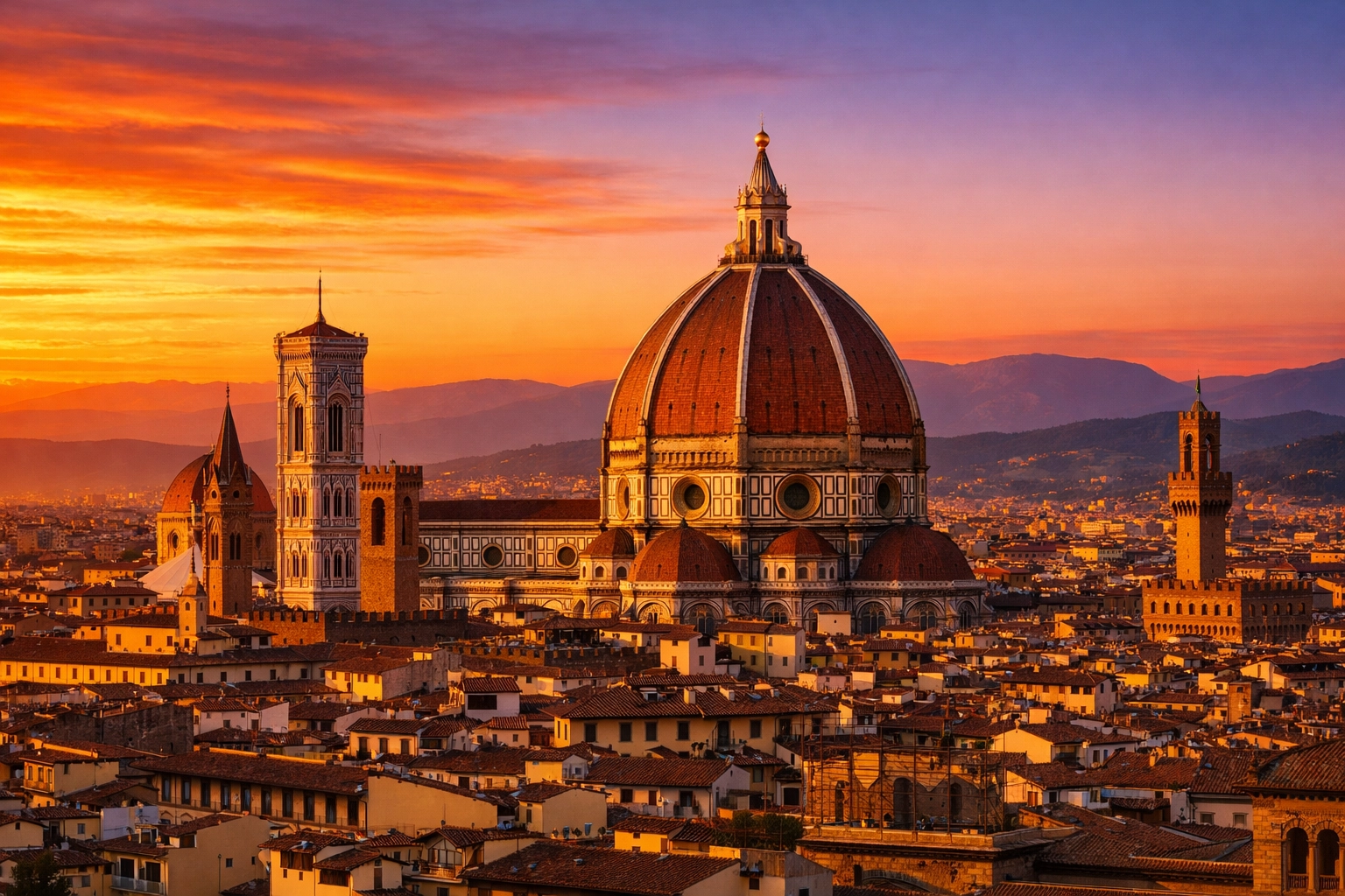 Sunset view of the Florence skyline and Duomo, one of the best photography locations for architecture.