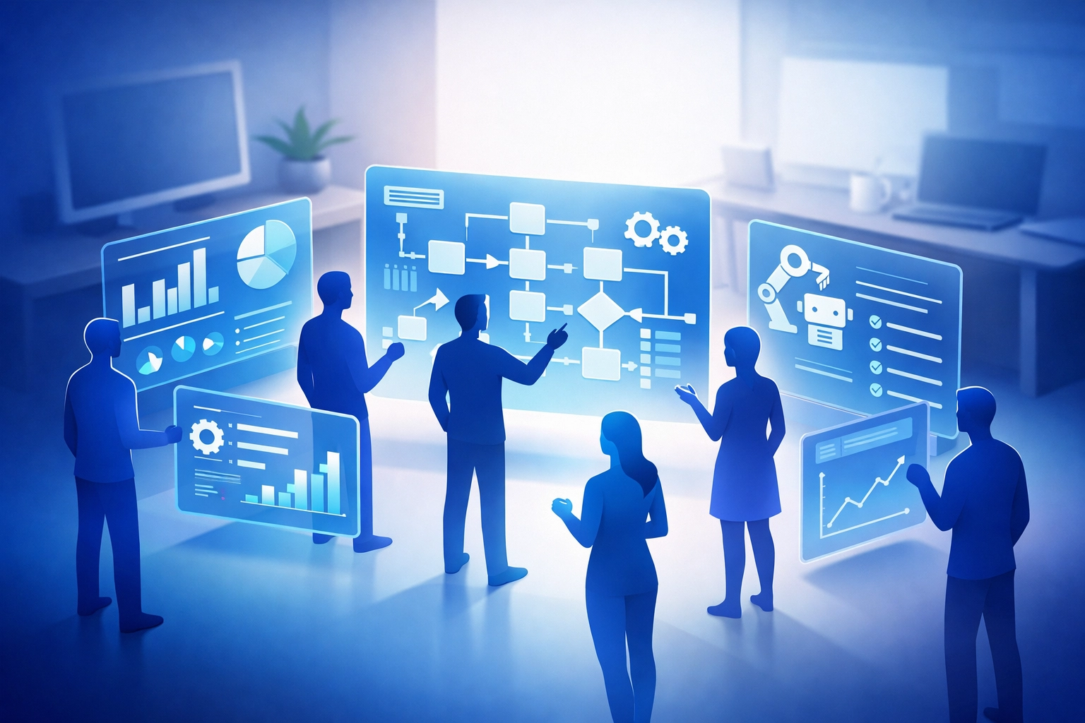 Team collaborating on continuous automation monitoring with holographic workflow interfaces