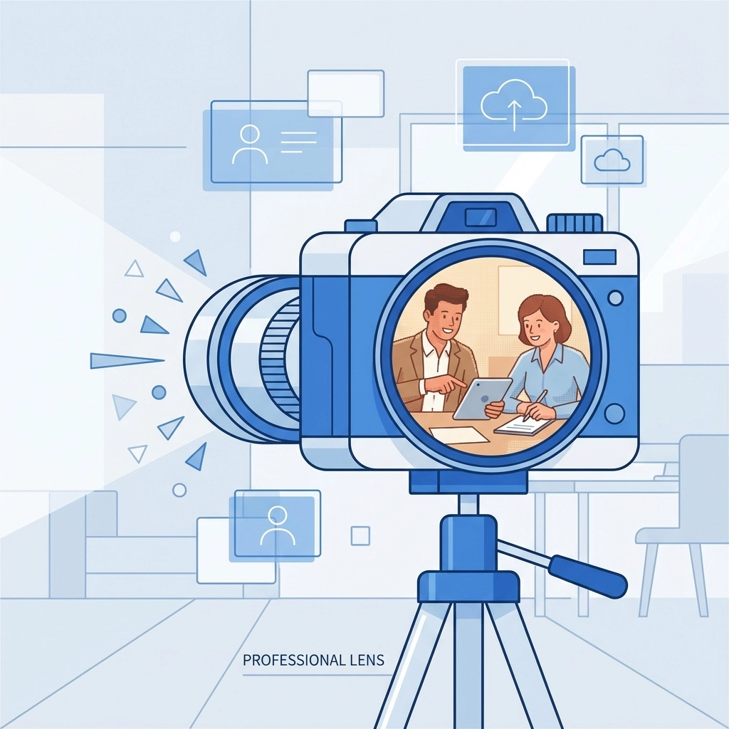 Illustration of a camera photographing coworkers, showing authentic business moments for website visuals