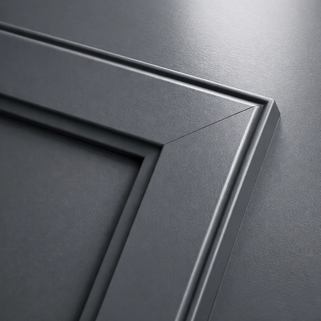 Close-up of a greige shaker cabinet door showing a smooth factory-finish with no visible hinges.