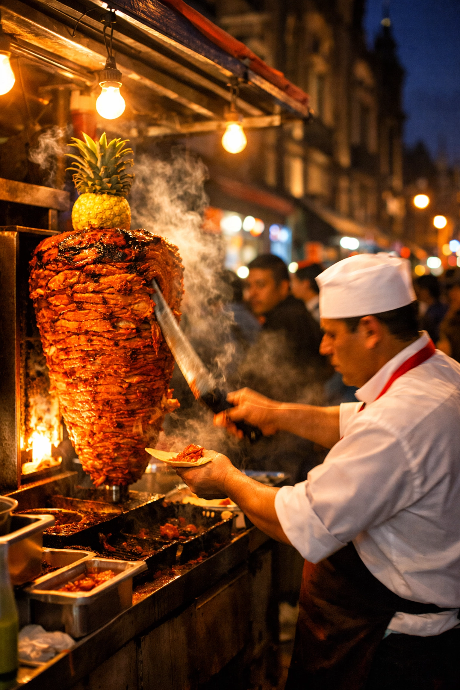 A street food vendor carving al pastor tacos at a night stand in Mexico City's historic center.