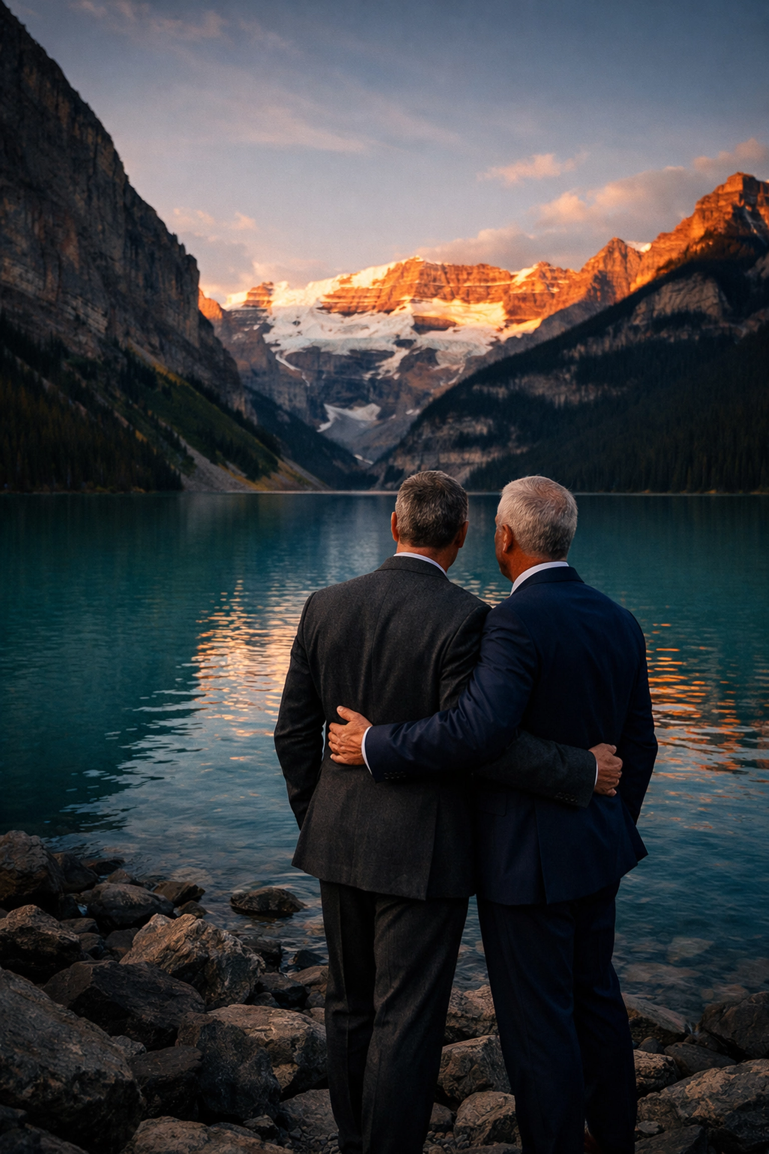Same-sex couple in suits at their Lake Louise elopement with stunning Canadian Rockies glacier views.