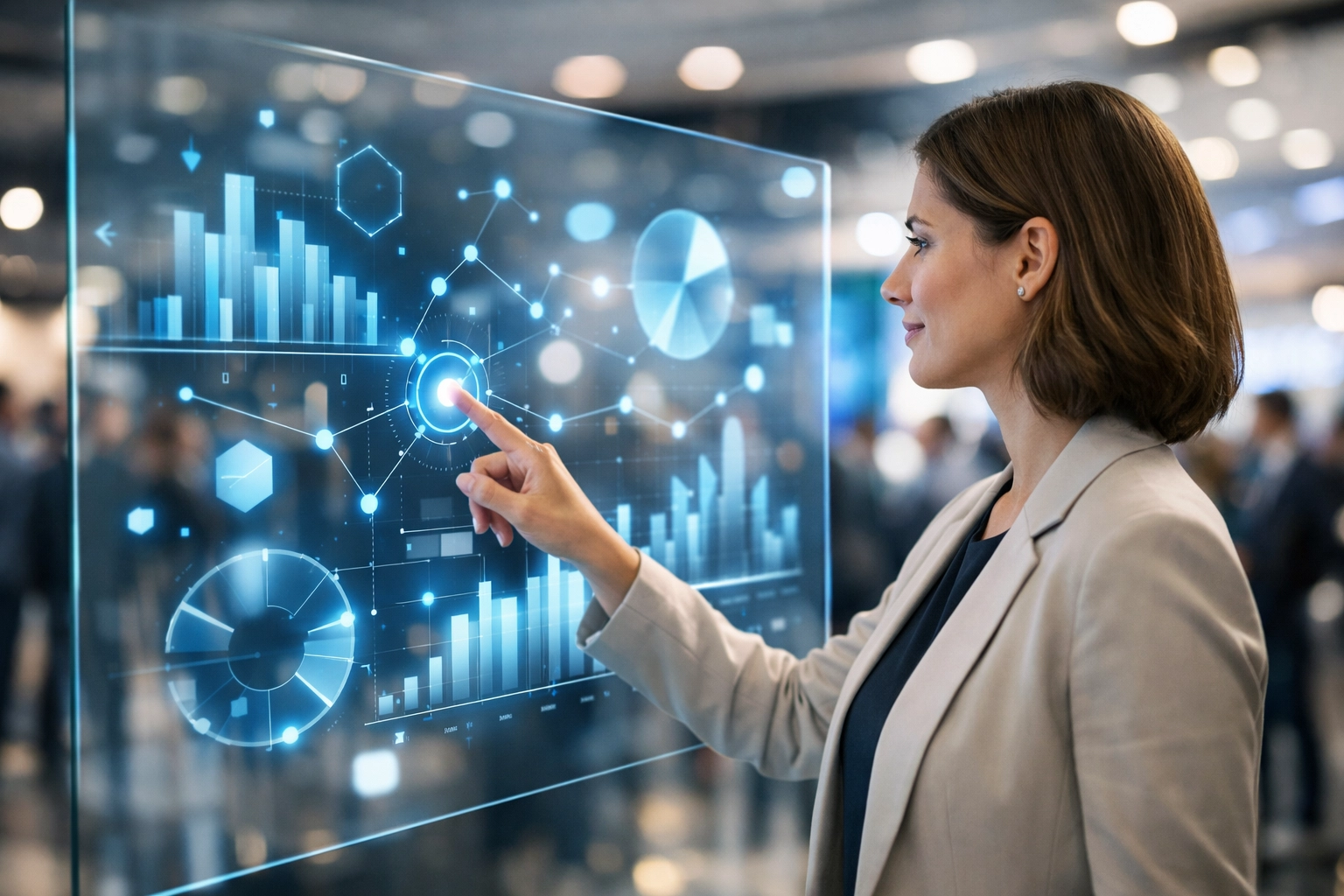 Professional engaging with an interactive digital display at a live event sponsorship activation booth.