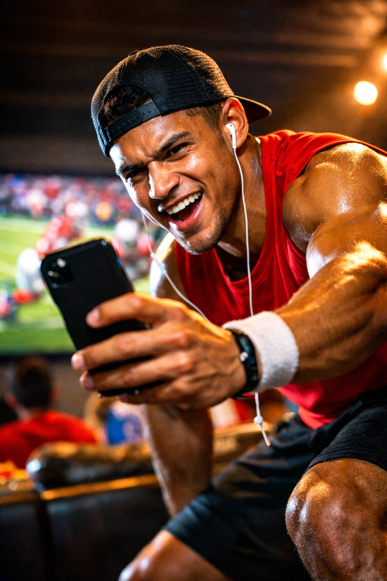 College athlete creating NIL content on smartphone during Super Bowl watch party