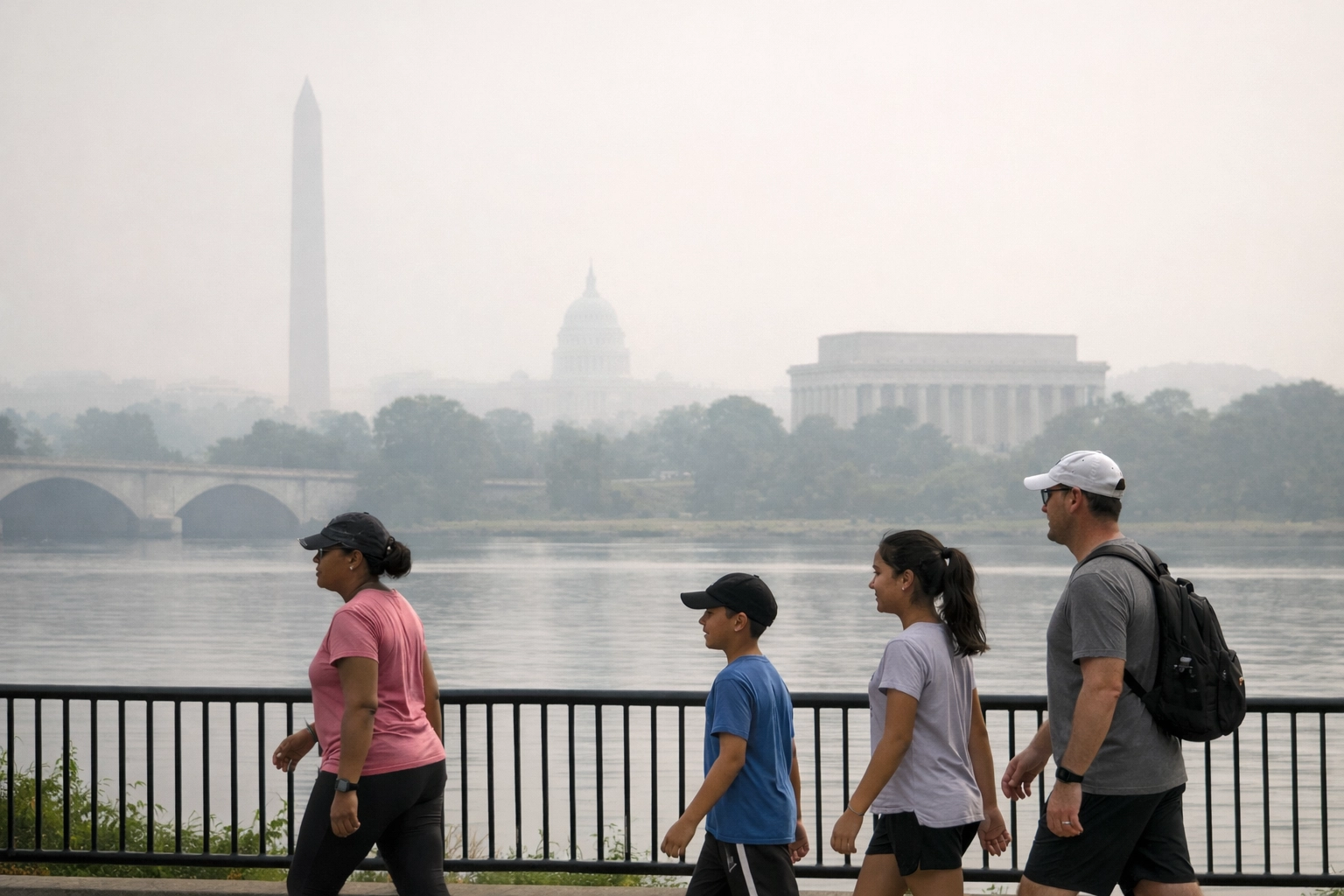 Hazy Washington DC skyline showing air quality concerns with family walking outdoors