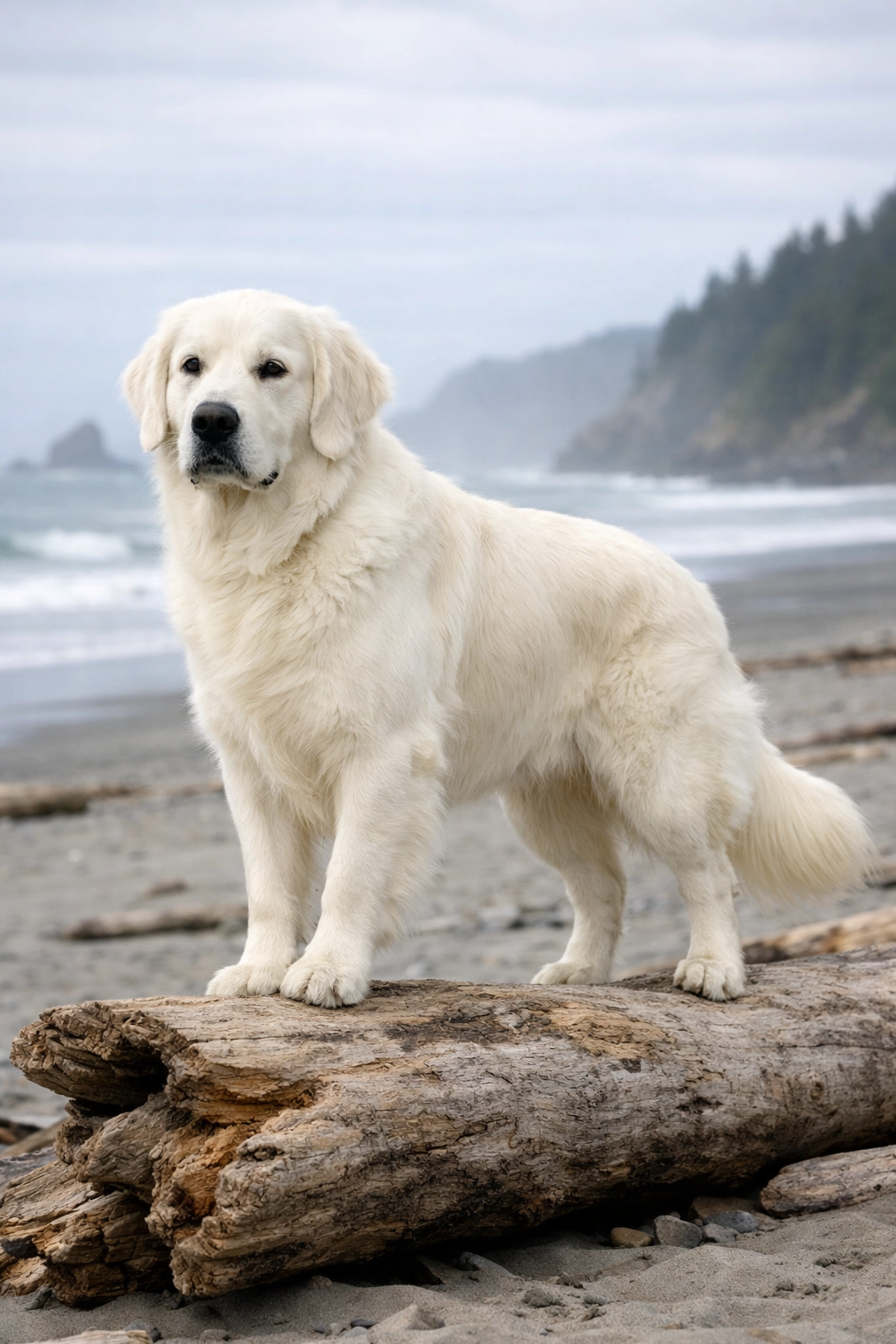 English Cream Golden Retriever on a Pacific Northwest beach, representing a calm companion for Oregon families.