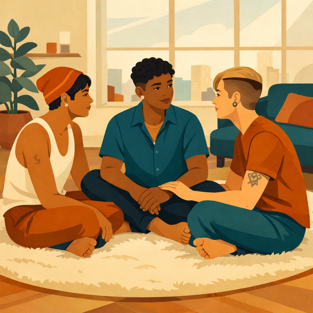 A queer polyamorous triad discussing relationship boundaries, representing diverse LGBTQ+ partnership dynamics.