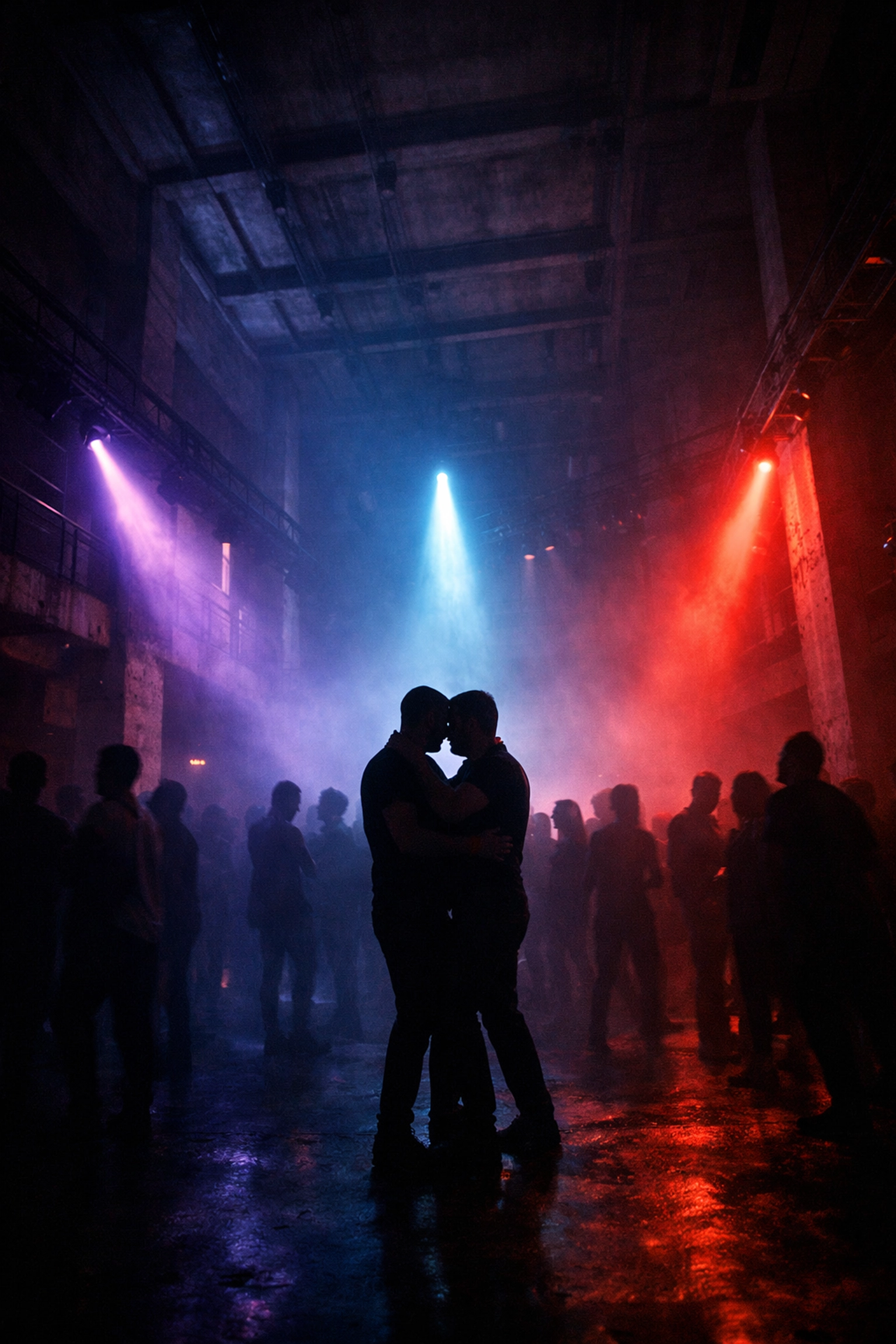 Two men dancing inside Berghain's industrial techno club interior Berlin