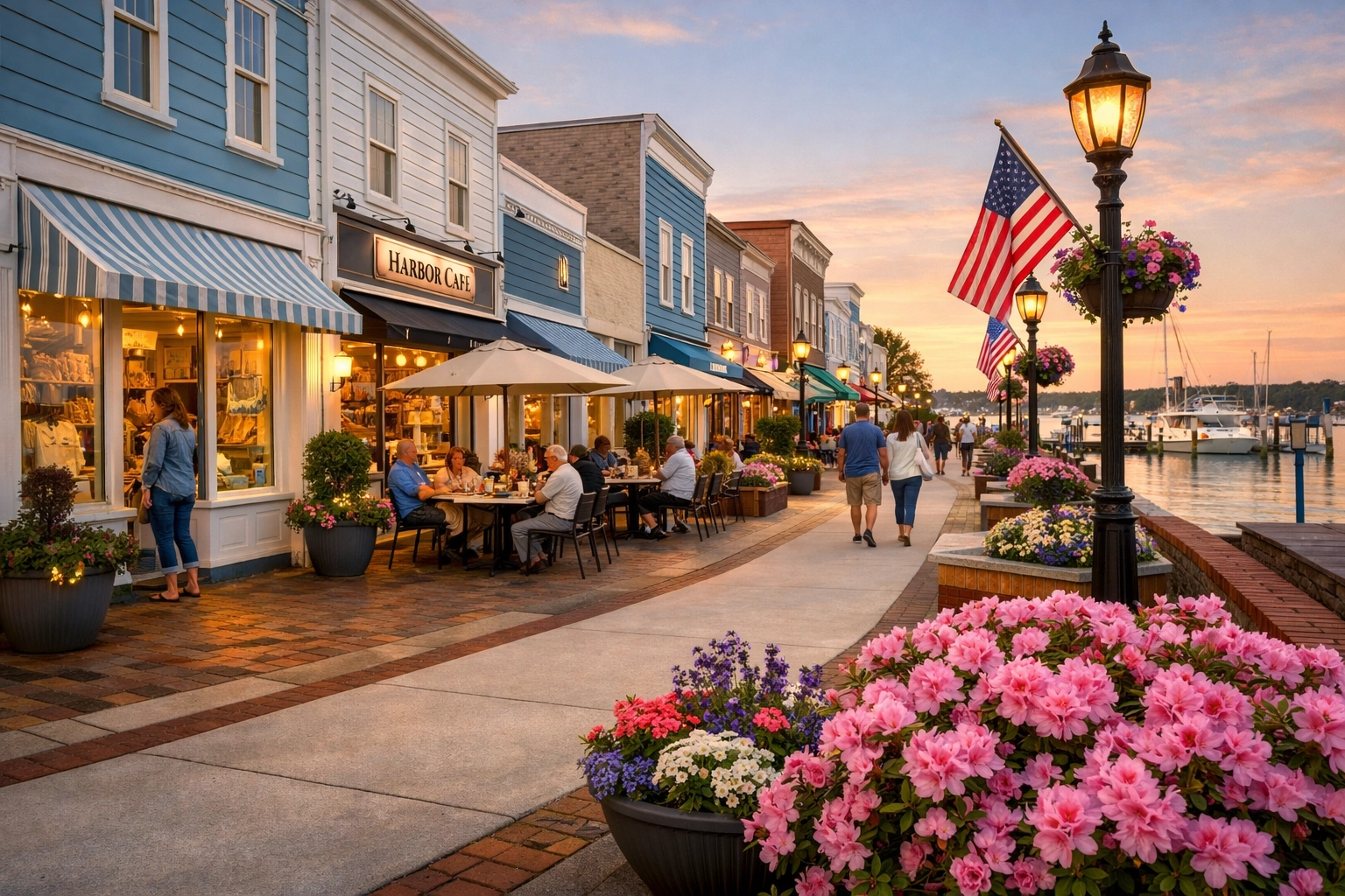 Revitalized Eastern North Carolina business district with updated storefronts and spring azaleas in bloom