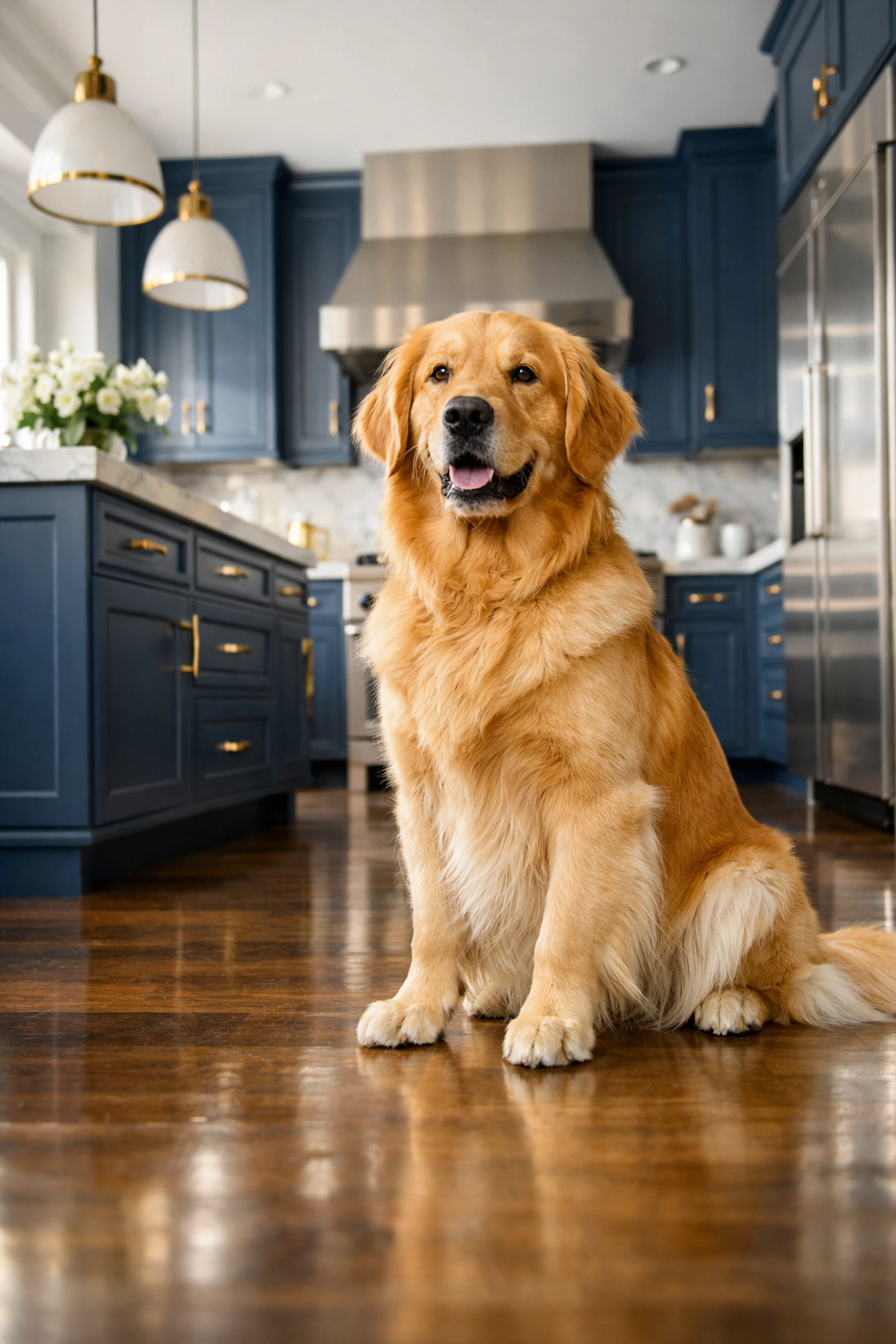 A pet dog in a clean kitchen, where regular coil dusting prevents pet hair buildup.