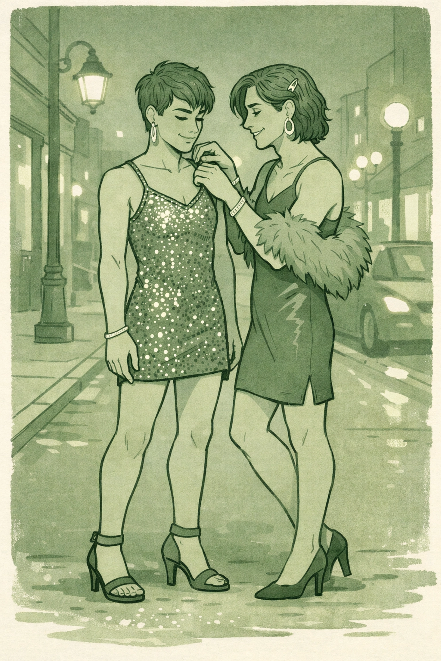 Two gay men in drag supporting each other on city street at night
