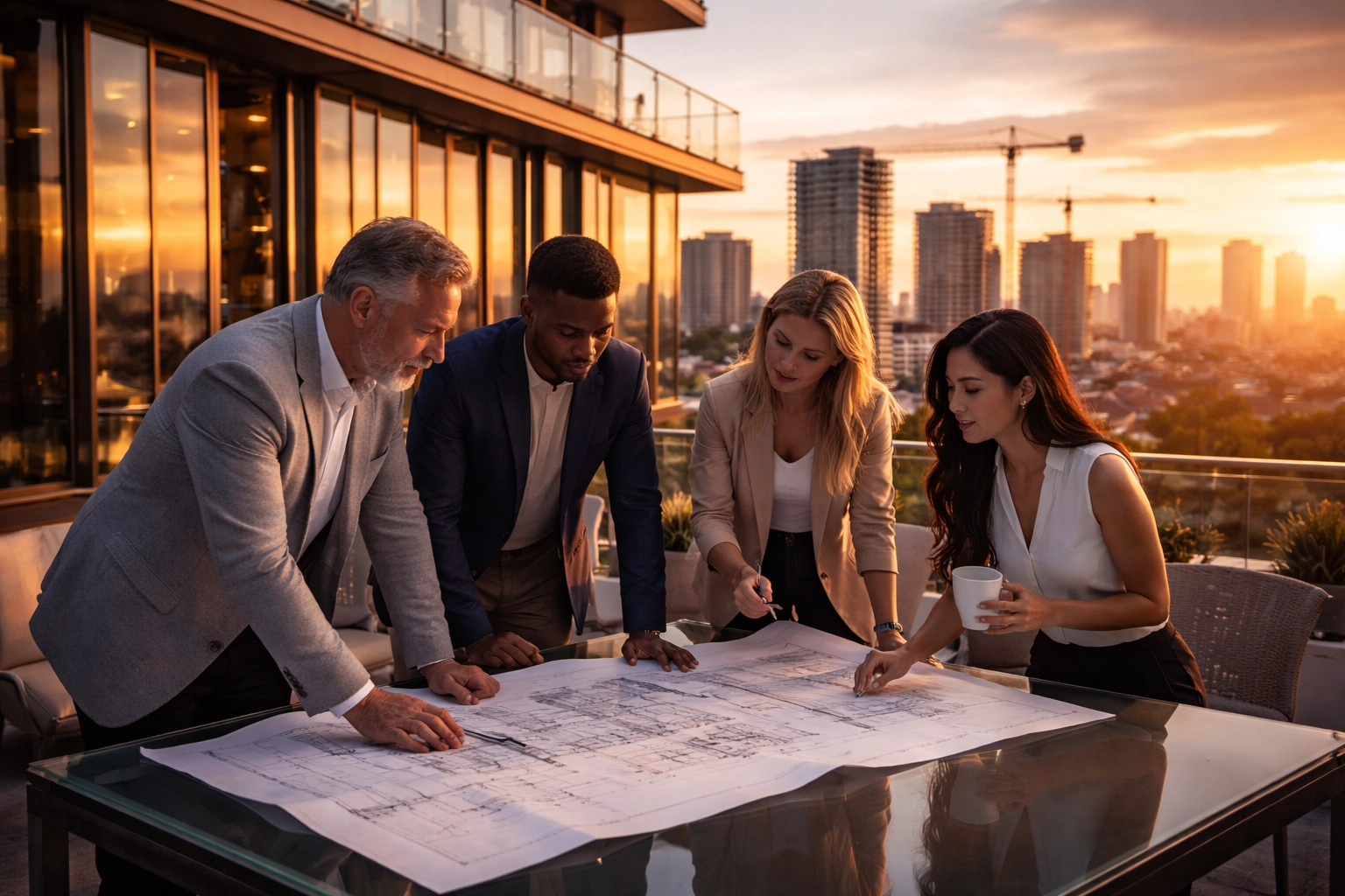 Business professionals reviewing blueprints on a luxury apartment rooftop, symbolizing real estate syndication opportunities for accredited investors.