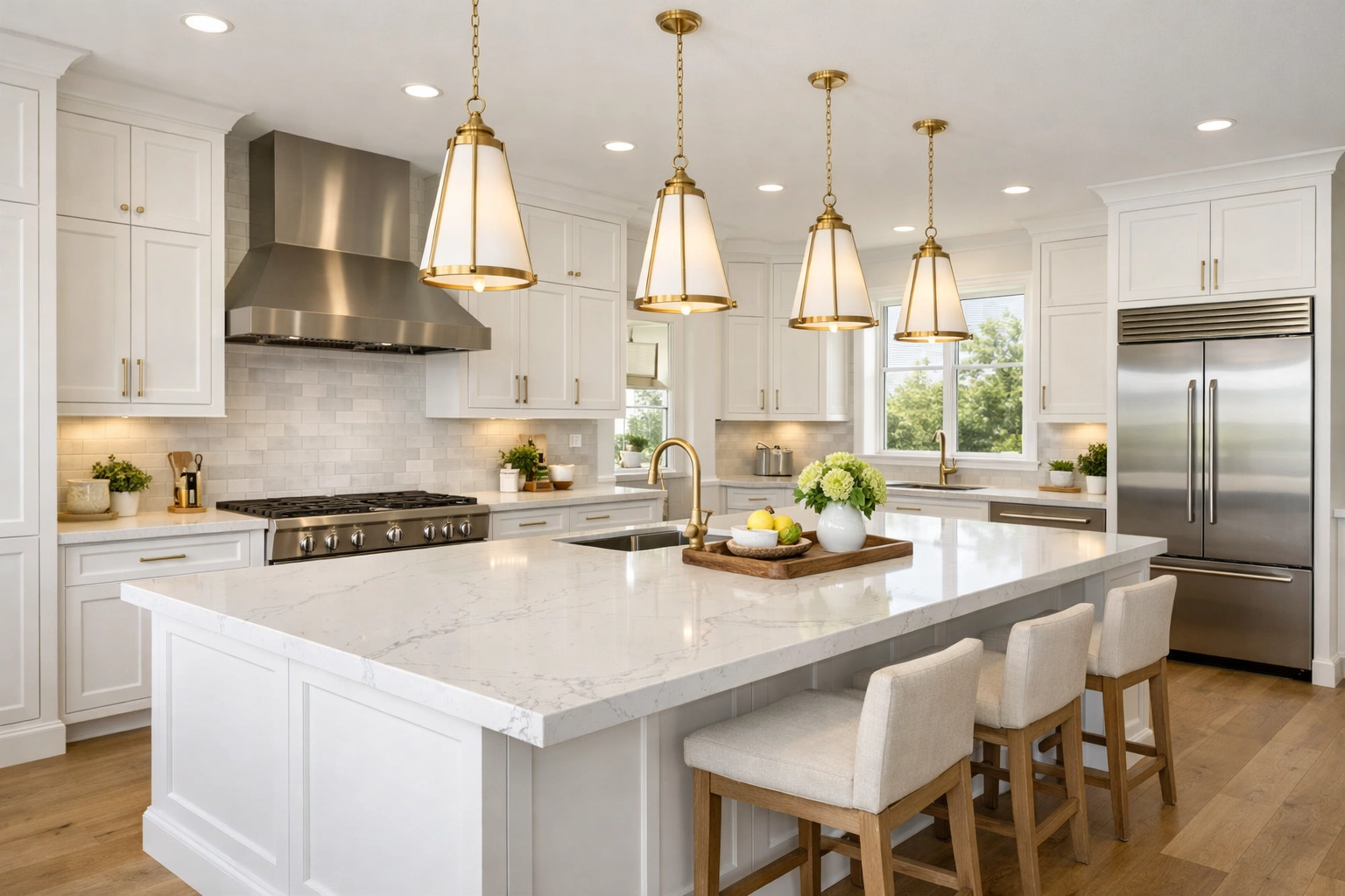 Luxury open-concept kitchen renovation in Orlando featuring white cabinets and quartz countertops.