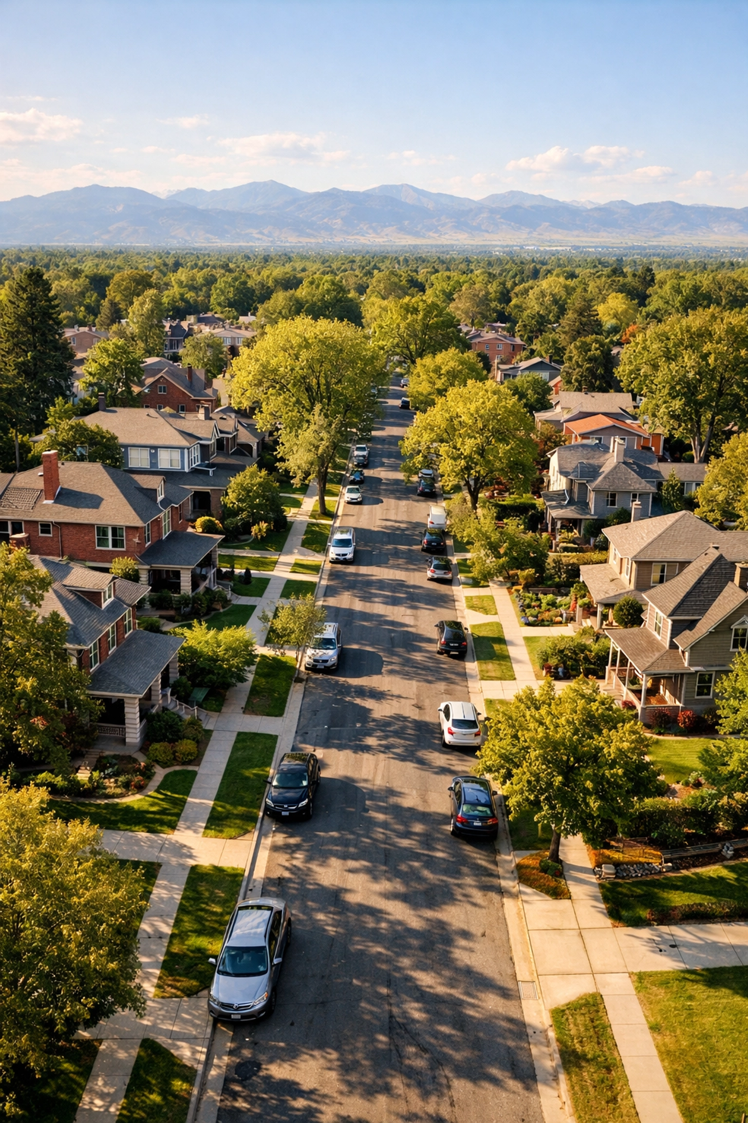 Tree-lined Denver residential street with single-family homes and spacious yards
