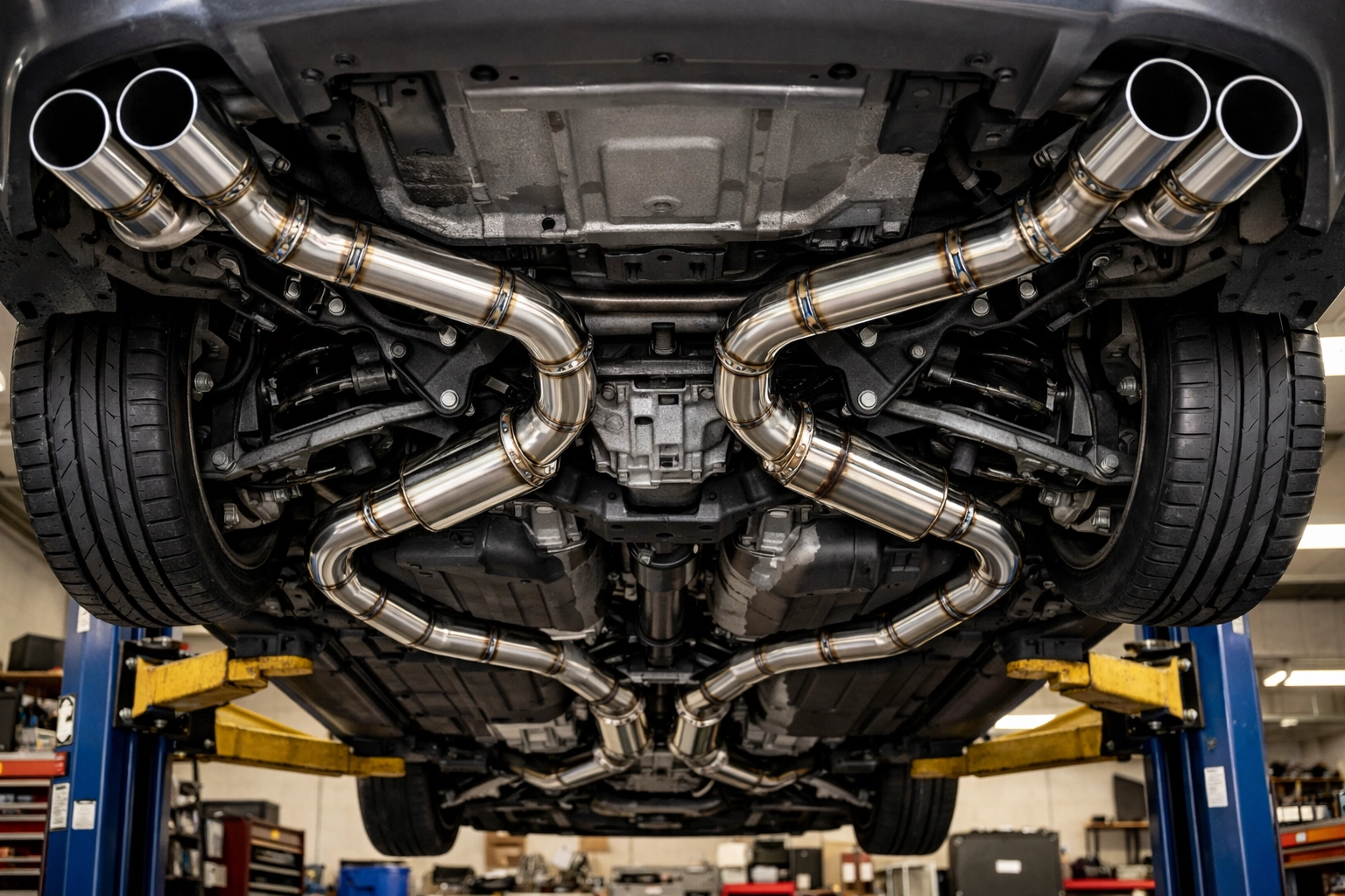 A complete custom exhaust system professionally installed on a vehicle lift at an expert exhaust shop in Cedar Rapids.