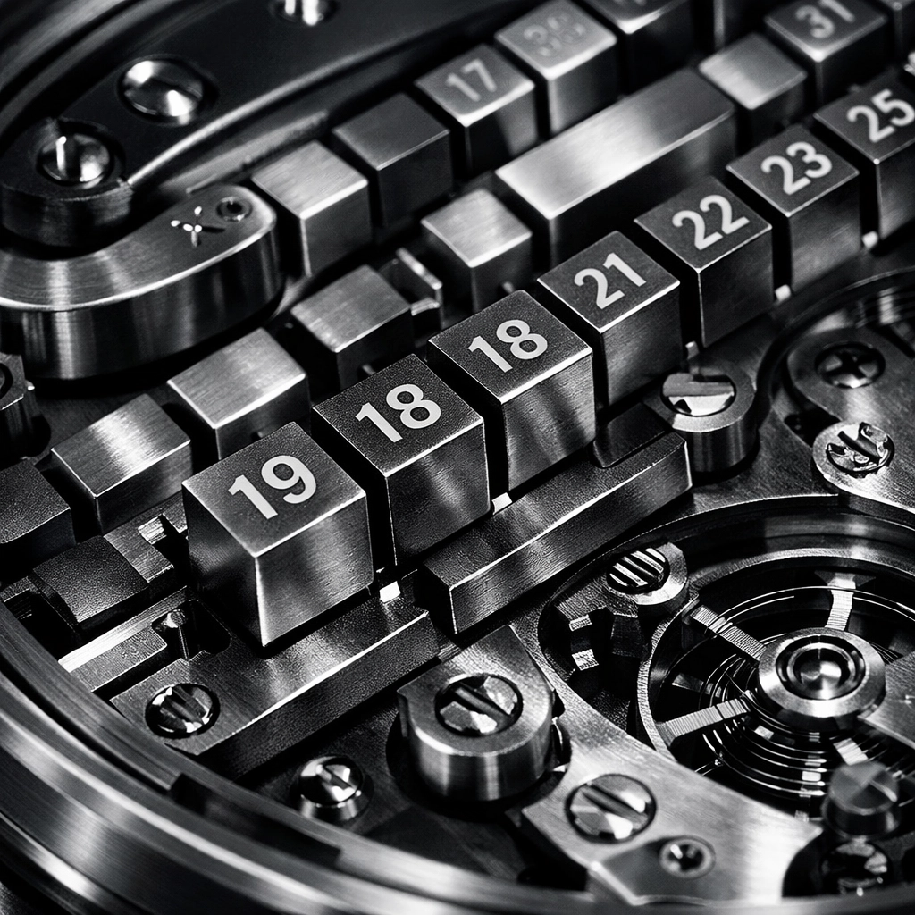 A precision mechanism representing an automated 30-day content calendar for speaker marketing.