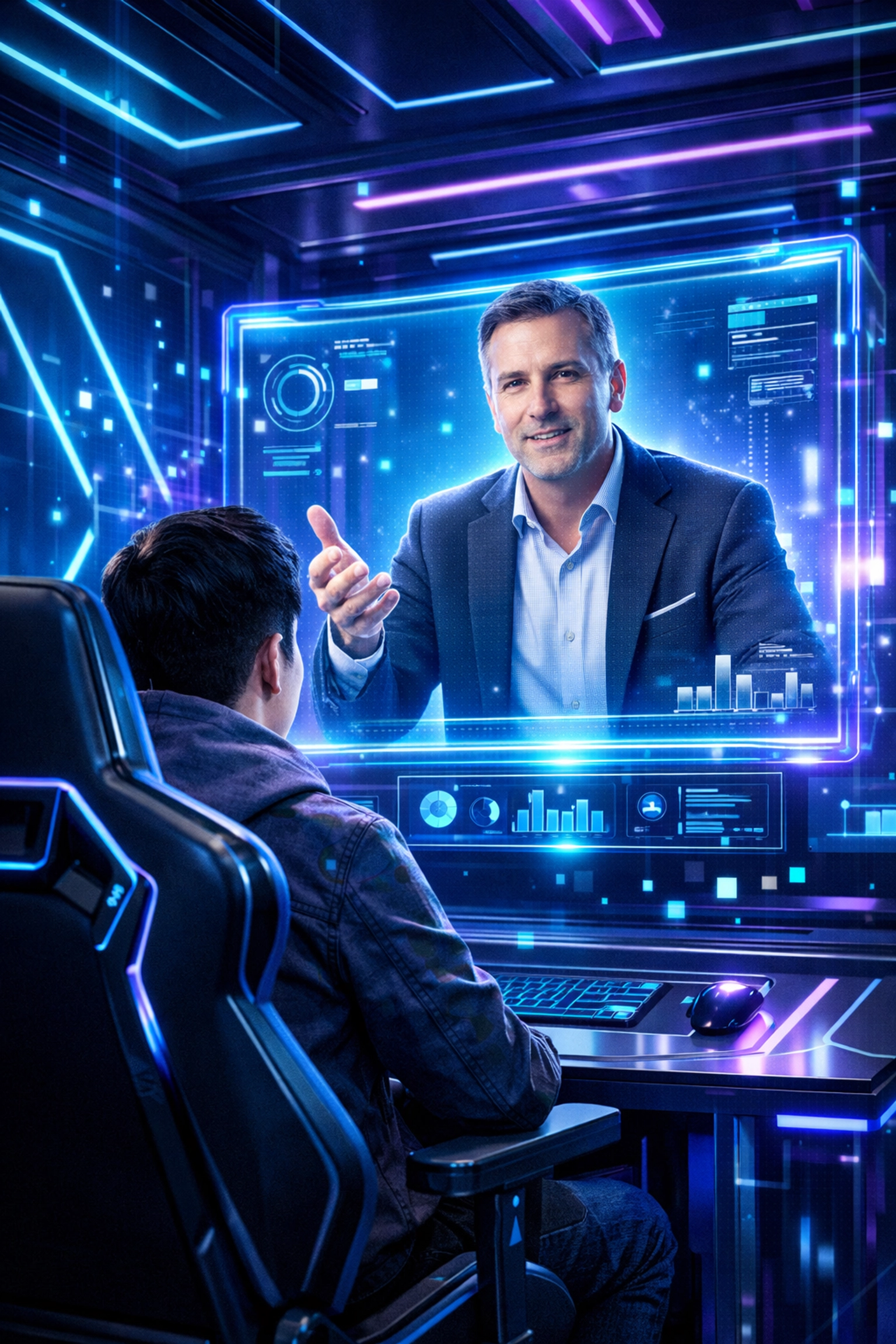 A high-tech virtual mentorship session between a Fortune 5000 executive and a Gen Z student in an EsportsPod.