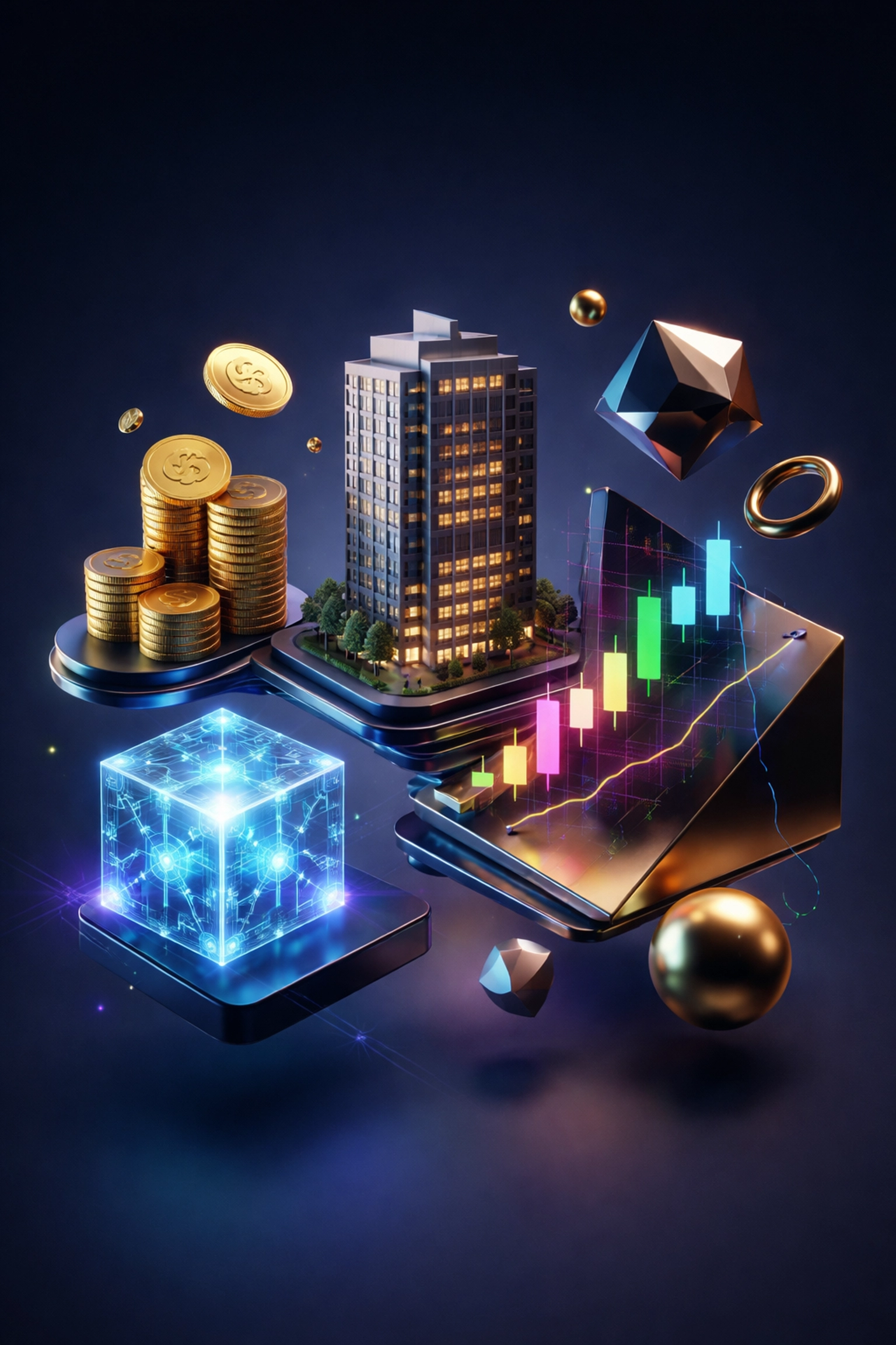 Collection of investment assets like real estate, crypto, and stocks symbolizing portfolio diversification