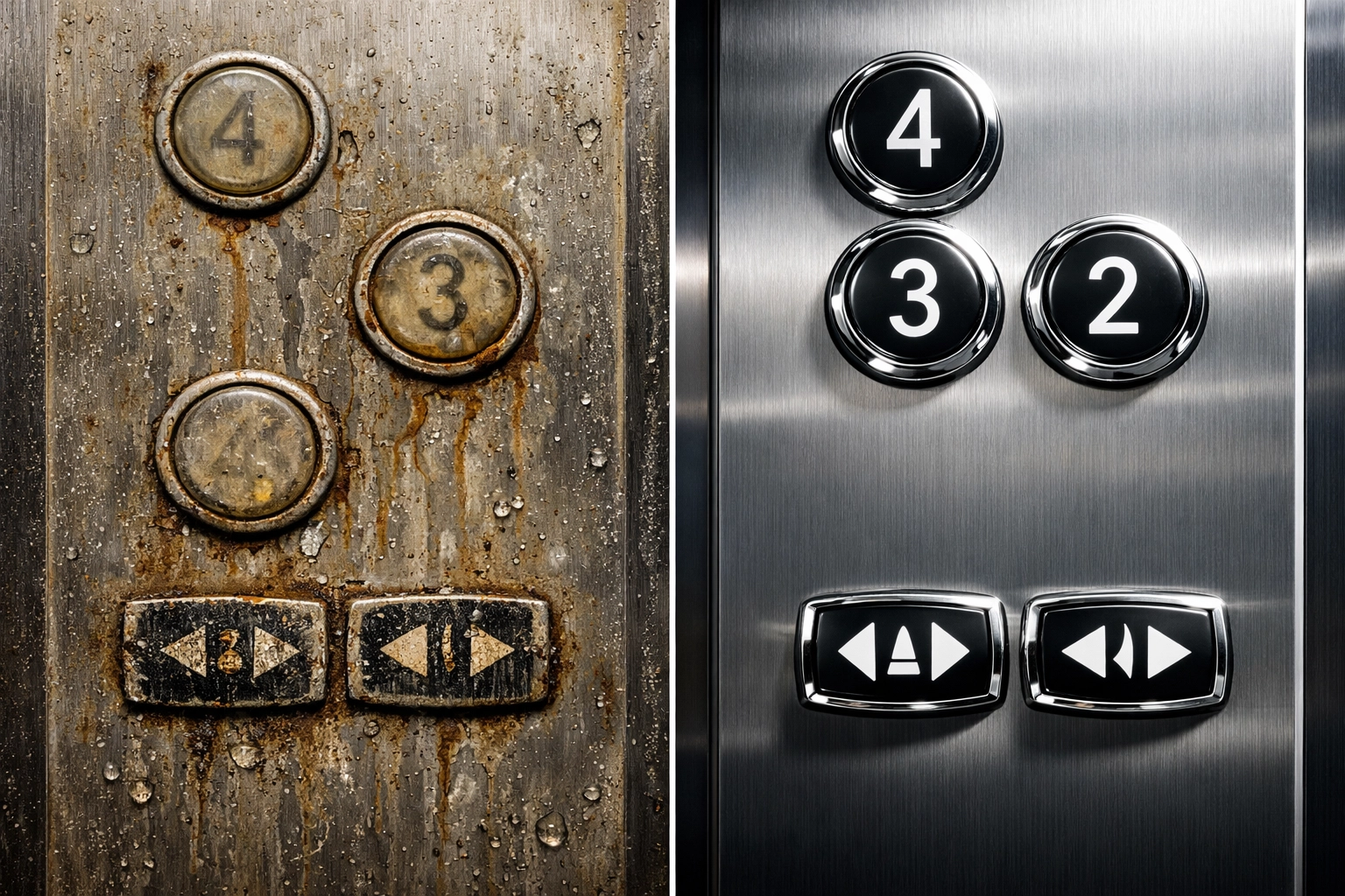 Comparison of corroded elevator buttons from improper cleaning versus properly maintained buttons