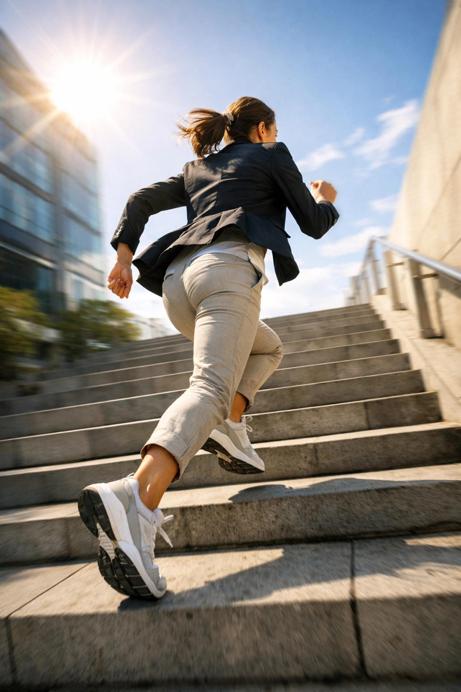 A professional woman in business attire sprinting up outdoor stairs as a high-intensity exercise snack during work.