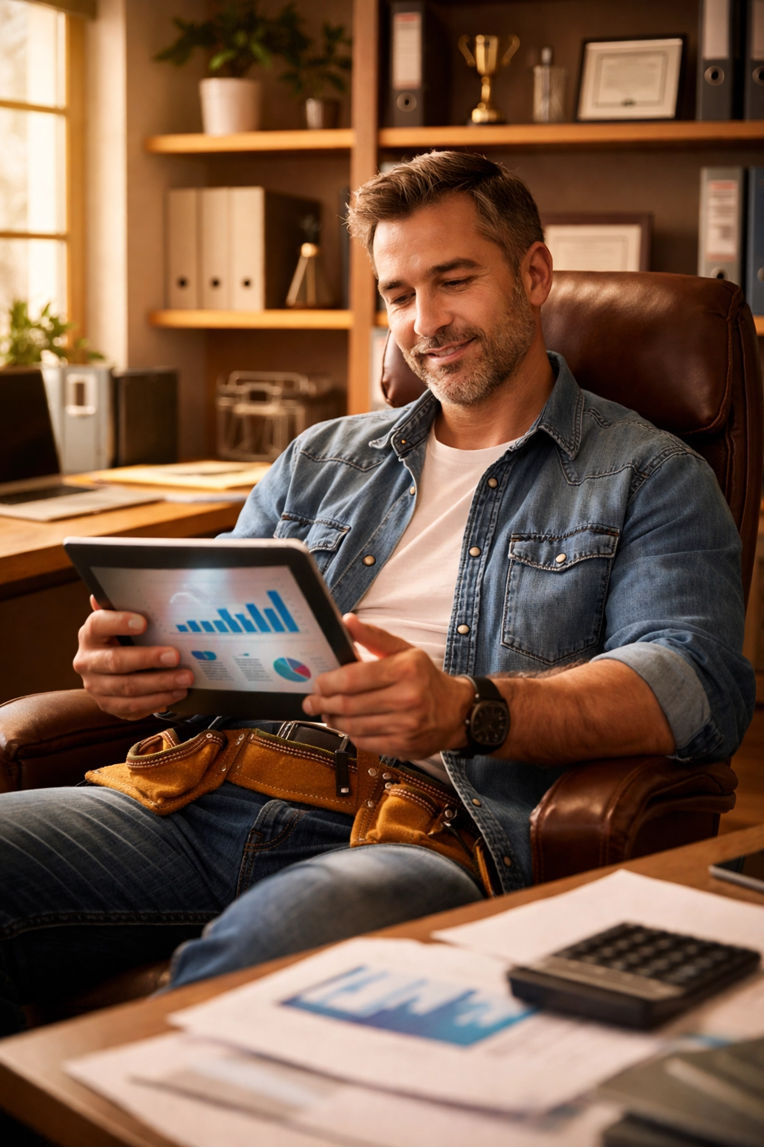 Small business owner reviewing financial charts in a thriving workspace, highlighting profit growth and strategic focus. Small business owner reviewing financial charts in a thriving workspace, highlighting profit growth and strategic focus.