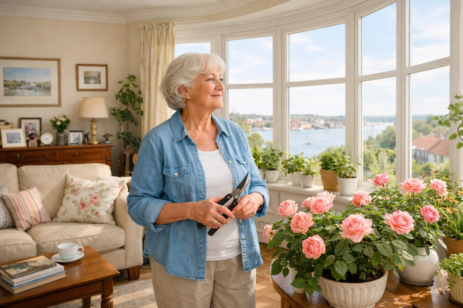 Elderly woman enjoying independent living and control over her home care in a bright Southampton home.
