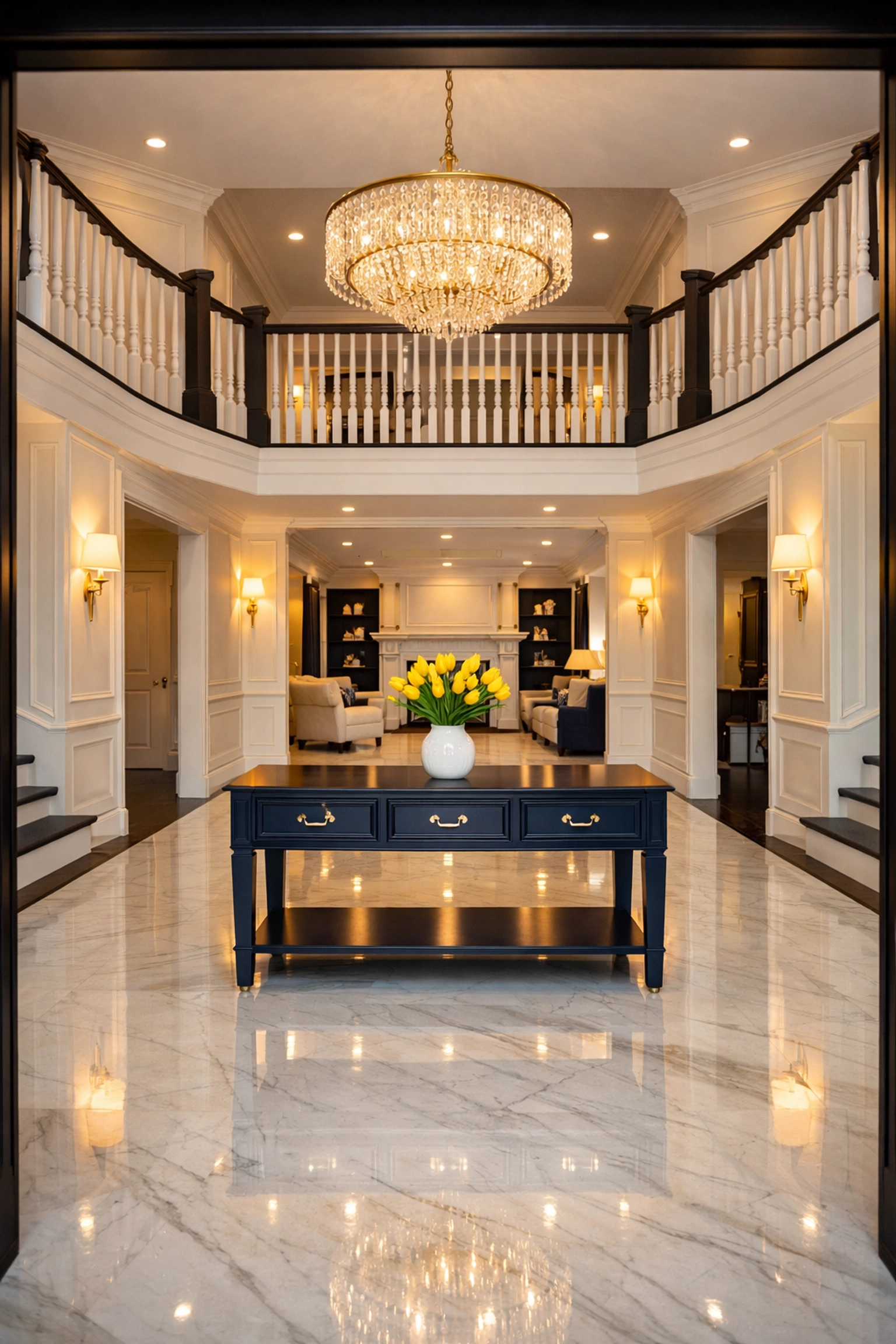 Immaculate grand foyer with polished floors in a Westborough home after professional house cleaning.