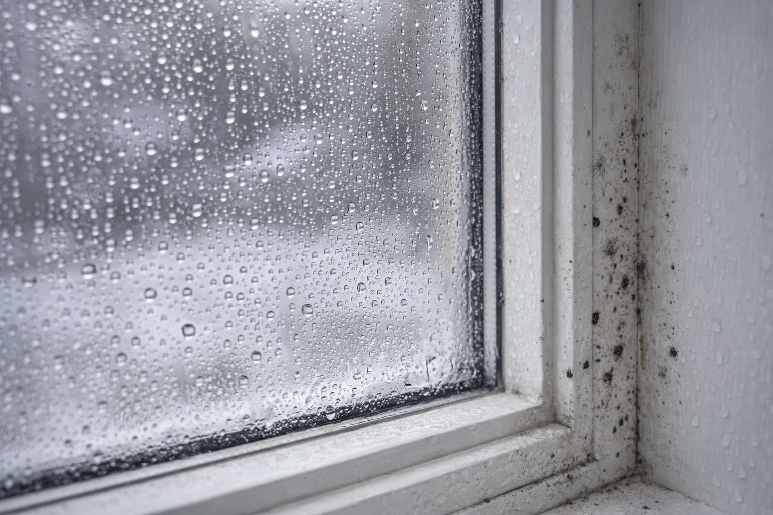 Winter condensation on window in Annapolis home