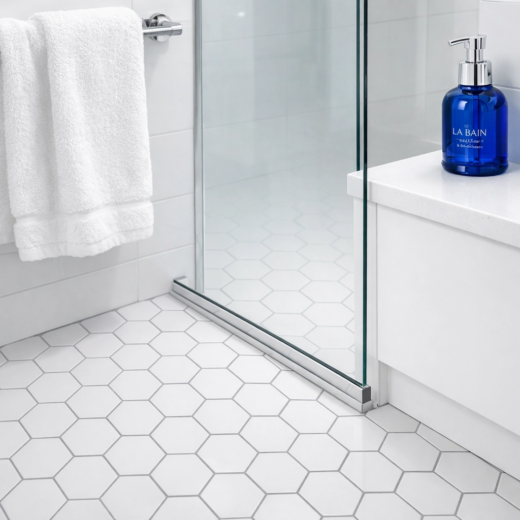 Modern apartment cleaning Boston results featuring a sanitized bathroom with spotless glass and white tiles.