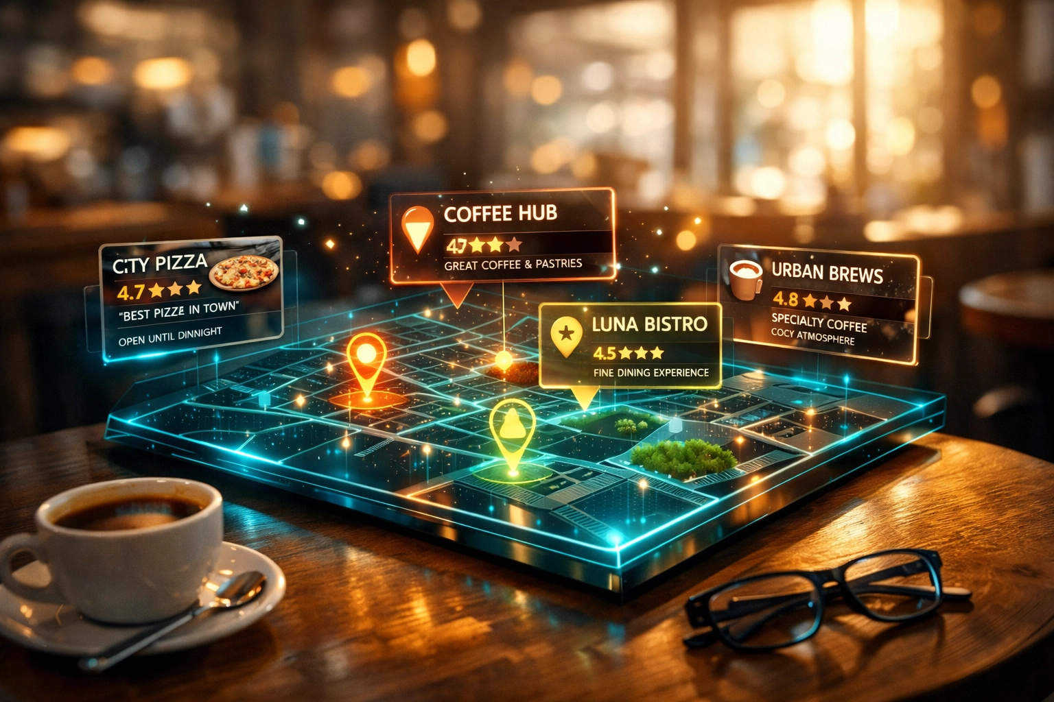 Interactive holographic map showing local SEO search results and business ratings for AI search.