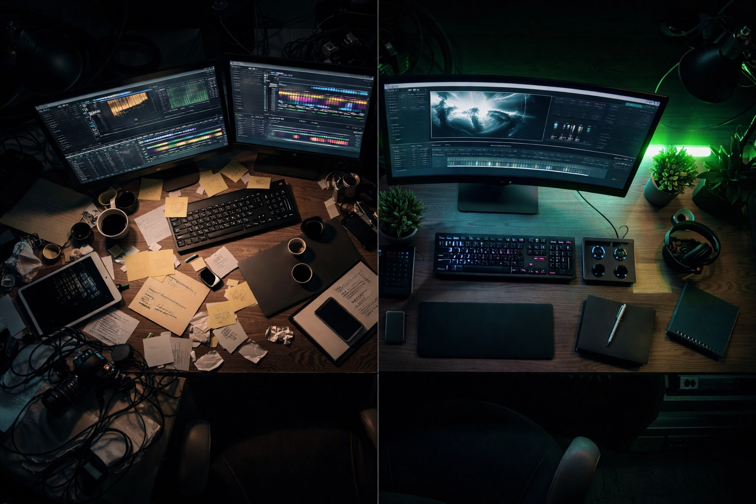 Side-by-side view of a chaotic desk and an organized editing workspace, showcasing streamlined video production workflow with AI tools