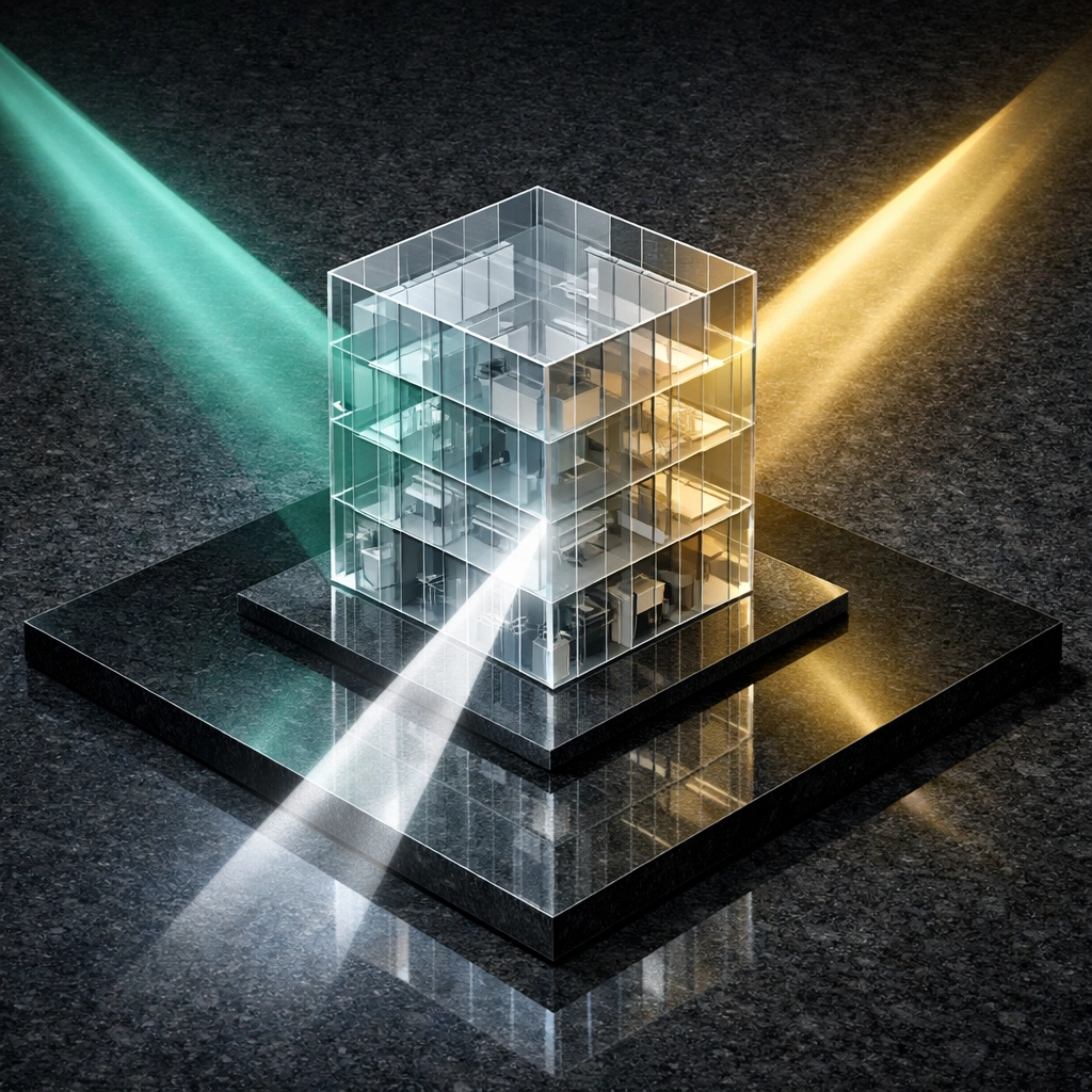 A transparent office building illuminated from various angles symbolizing a multi-method business valuation.