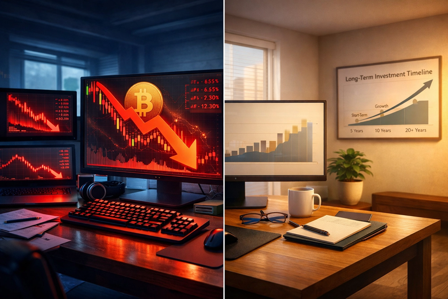 Bitcoin day trading chaos versus long-term institutional investment strategy comparison