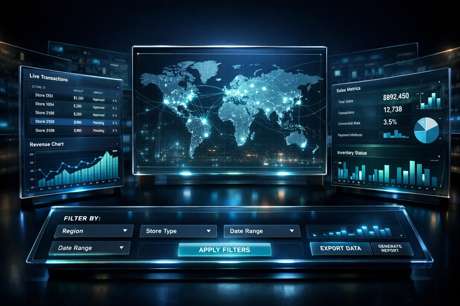 Real-time dashboard displaying multi-location transaction data and compliance reporting