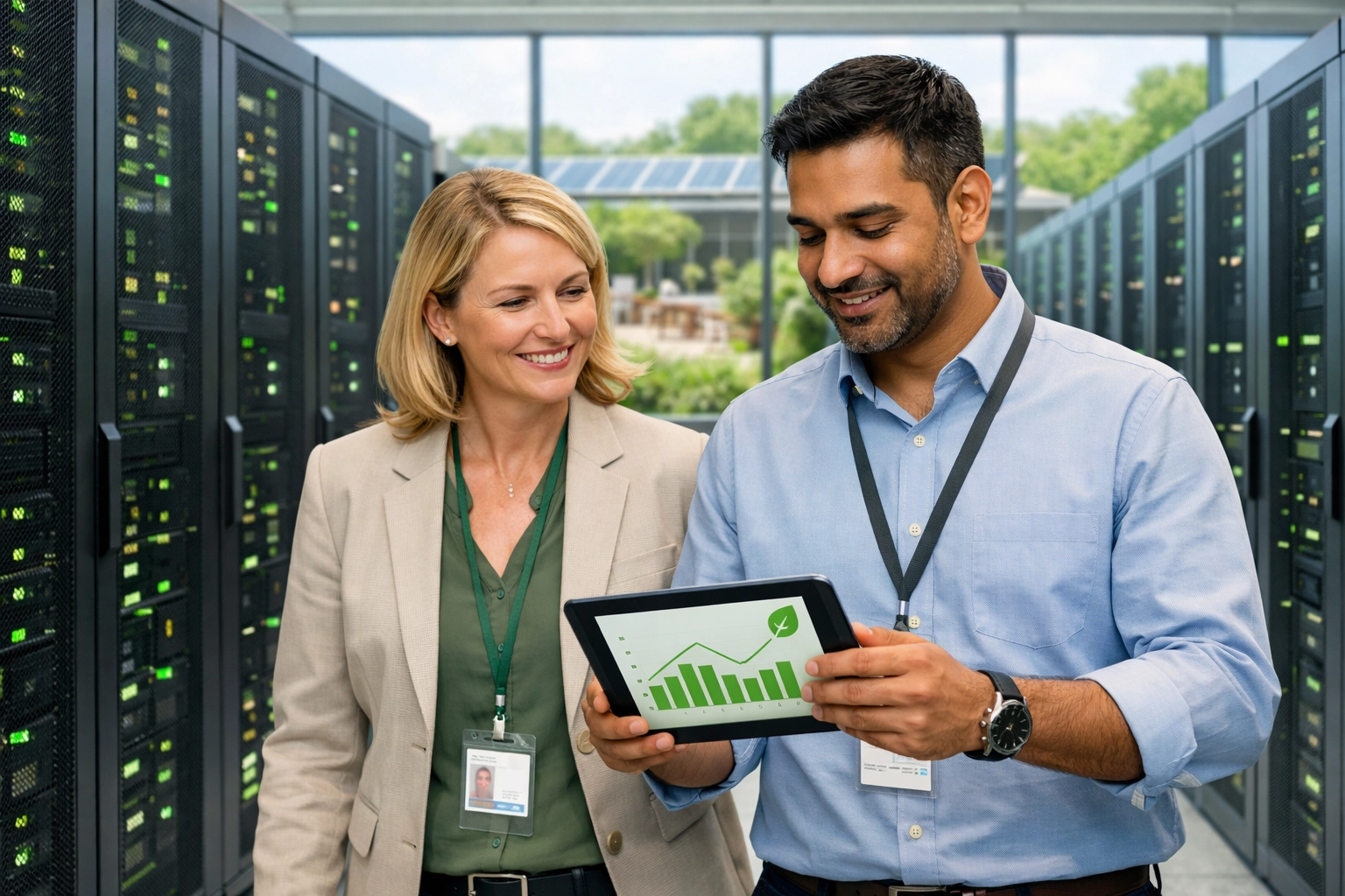 A technical team monitors ESG compliance and ITOM performance in a clean, sustainable data center.